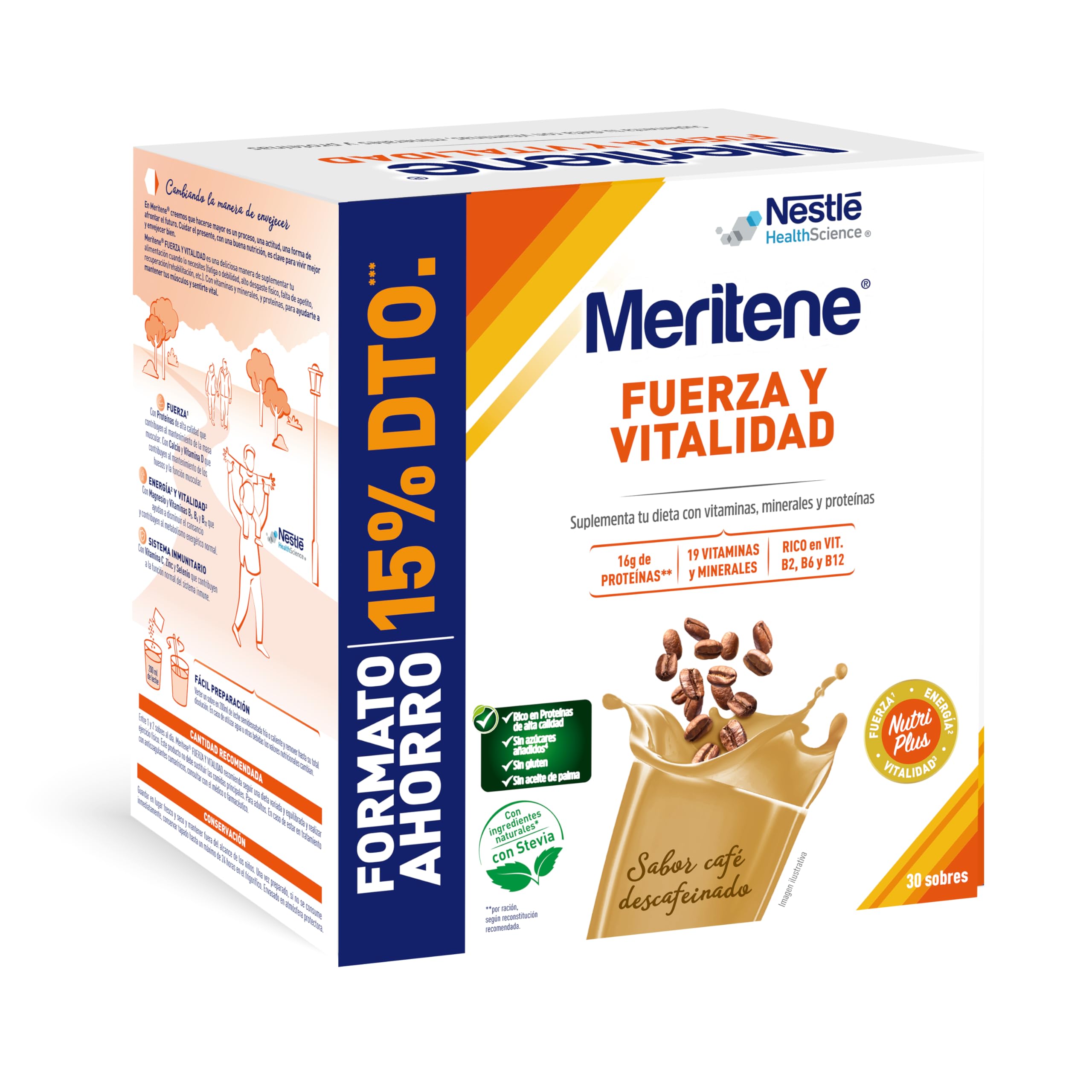Meritene, Fuerza y Vitalidad, Batidos Sabor Café Descafeinado, Fuerza para tus Músculos, Vitalidad para ti, Nutrición para Adultos con Proteínas, Vitaminas y Minerales, 30 Sobres, 900 gr