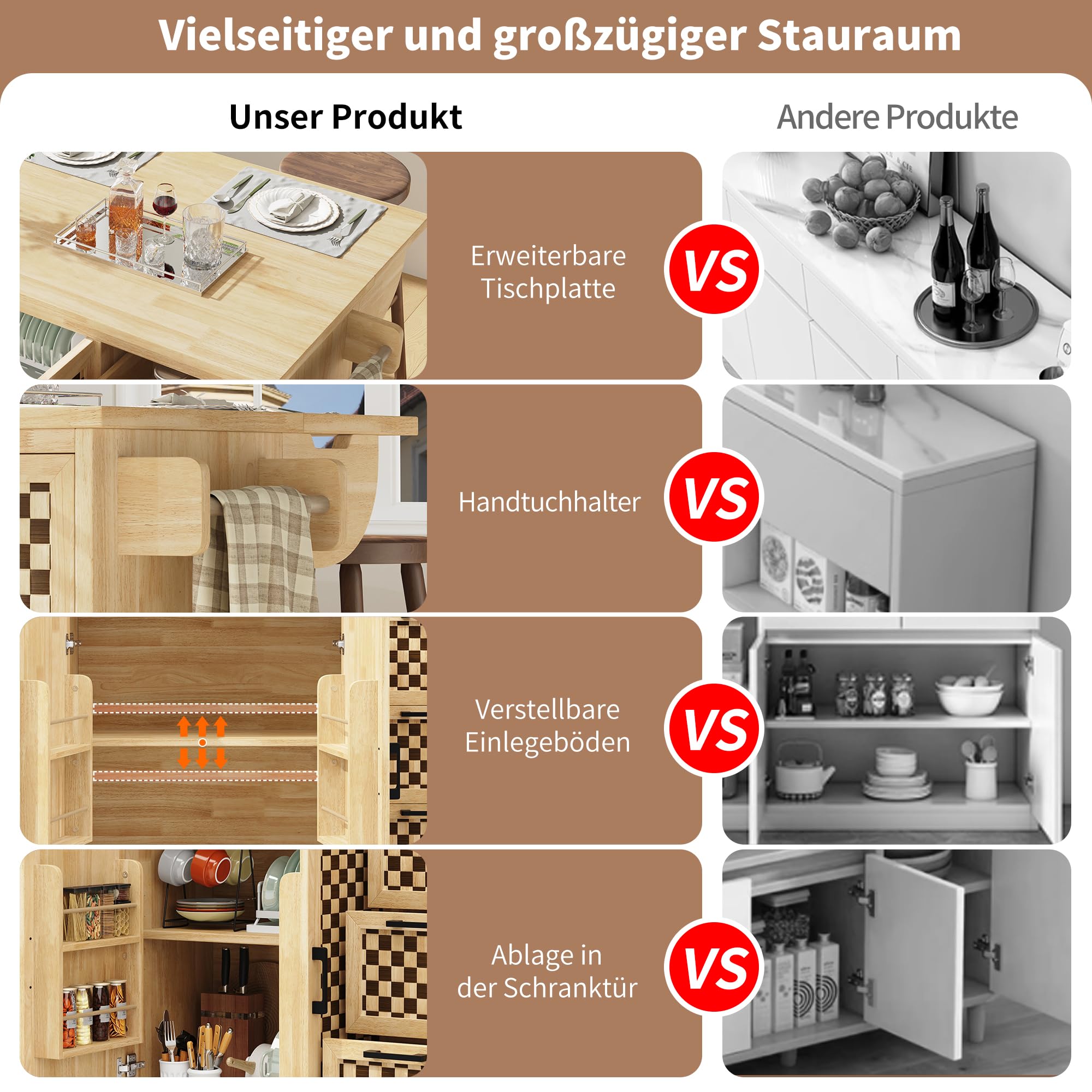 Kücheninsel auf Rollen 120x45x92 cm mit Klapptisch, 3 Schubladen, 2 Türen, verstellbaren Einlegeböden, Handtuchhalter, Buffetschrank & Servierwagen im Holzmaserung-Schachbrett Design