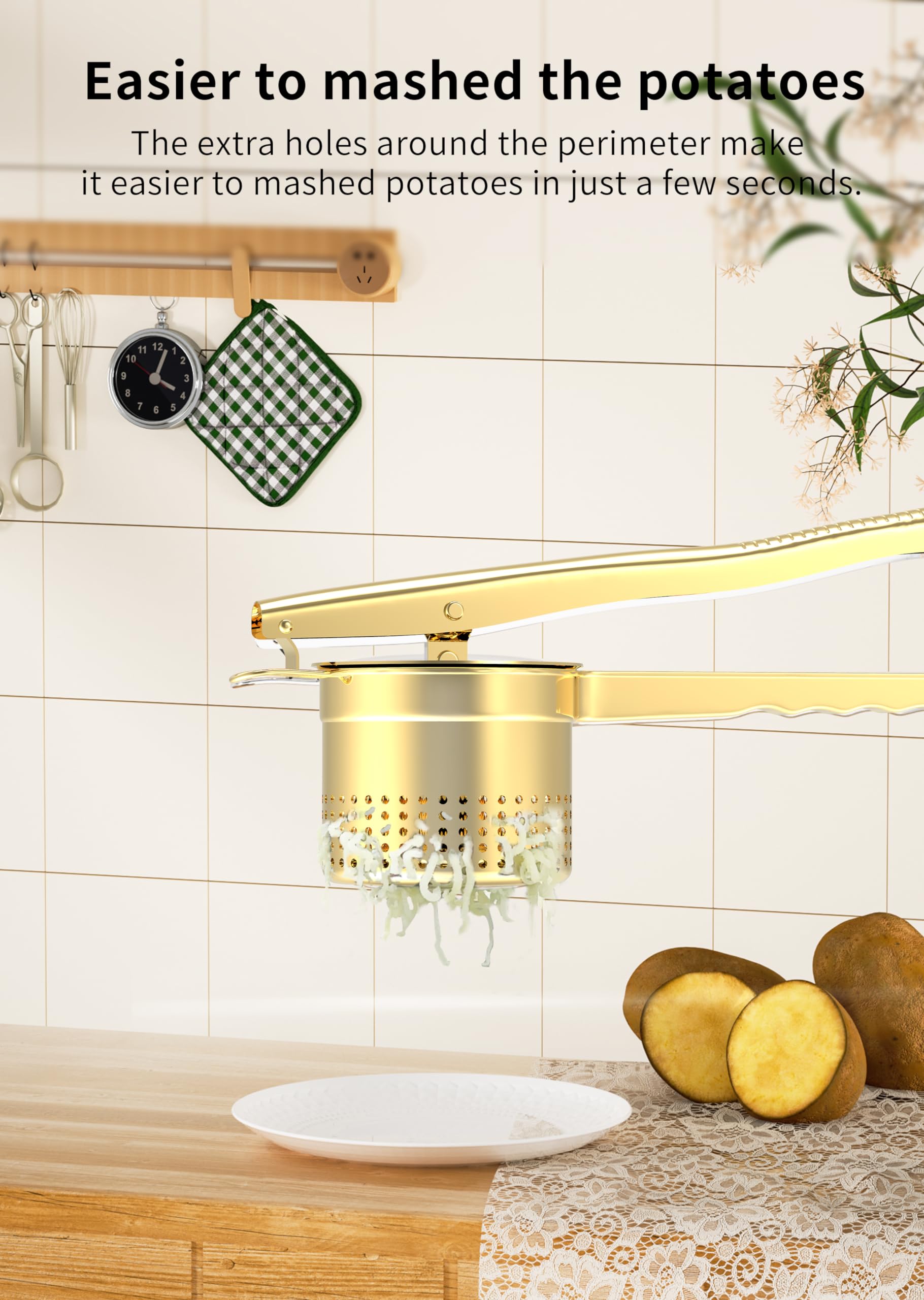 GloTika Großer 425 ml Kartoffelpresse Stampfer, robuster Edelstahl-Kartoffelstampfer mit ergonomischem Griff, Stampfer und Presse, Küchenwerkzeug für Kartoffelbrei, Nudelmacher, Gold