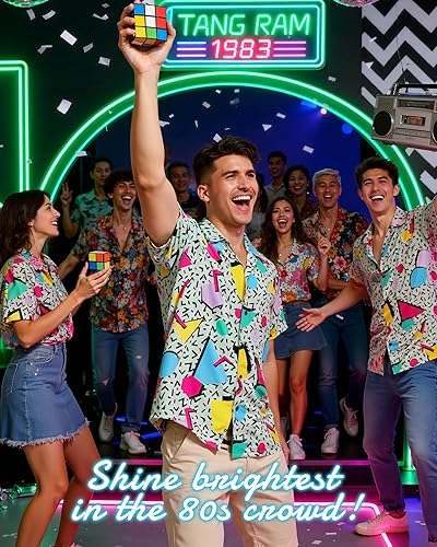 Miniatura 6 de Zando Camisas hawaianas de los años 80 y 90 para hombre, divertido traje retro de manga corta con botones para fiesta temática discoteca verano playa