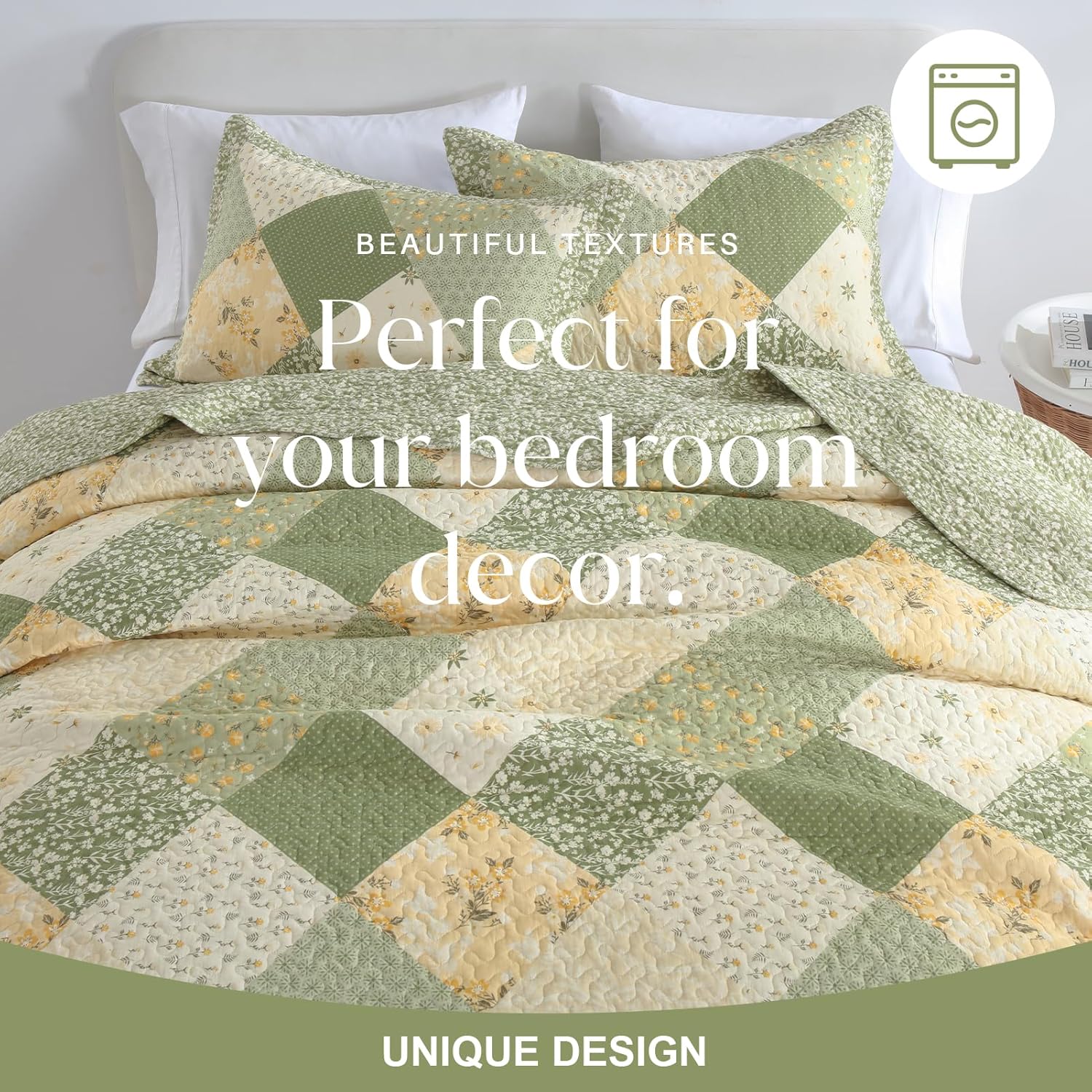 100% Cotton Oversized Quilt Bedspread 120"x120", Lightweight King Bedspreads Coverlets, Extra Large Floral Quilt, Quilted Reversible Bedding Cover, 3 Piece, Green