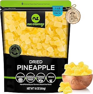 NUT CRAVINGS - Dried Pineapple Chunks, Lightly Sweetened (16oz, 1 LB) Sweet Healthy Snack, Vegan, Kosher, Resealable Bag