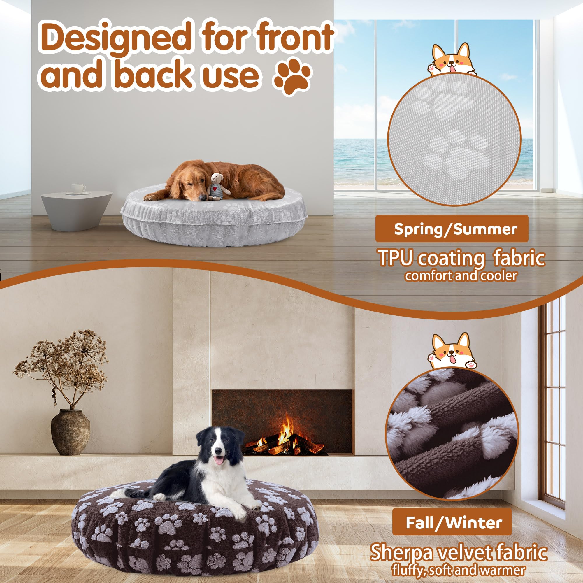 BALAPET Waschbare Hundebettbezüge, Ersatzbezug, rund, wasserdicht, weicher Haustierbettbezug mit schönem Hundepfotenabdruck und doppelseitigem nutzbarem Design, nur Bezug (Braun, 114,3 x 114,3 x 27,9