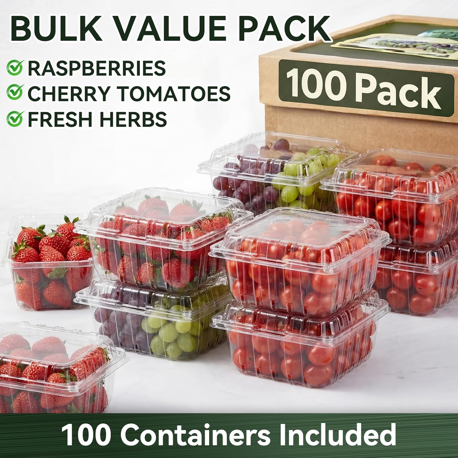 Qinyoung 100 Pack 1 Pound Clear Plastic Berry Containers with Lids Vented Clam Shell Produce Baskets for Fridge 7.1 x 4.7 x 2.4 Inch Fruit Storage Boxes for Strawberry, Grocery, Home Use