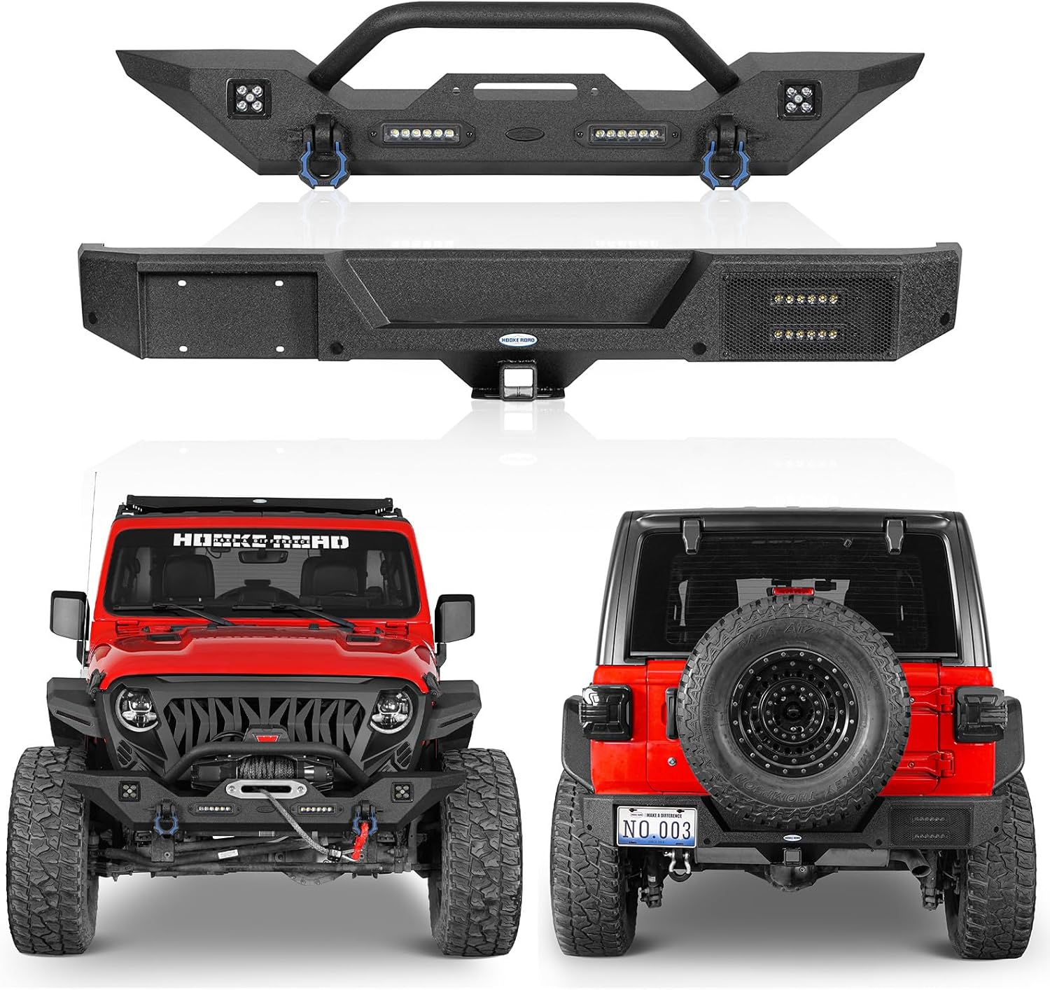 Hooke Road Front and Rear Bumper Combo for Jeep Wrangler JL 2018-2026, Offroad Steel Bumper w/Winch Plate & D-ring Mount & LED Lights