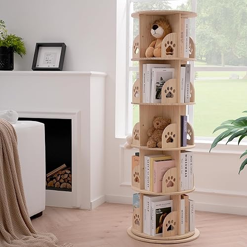 Vista 10 de Estantería giratoria, estantería giratoria de 4 niveles para niños, estante de almacenamiento de pie para niños y adultos, organizador de madera