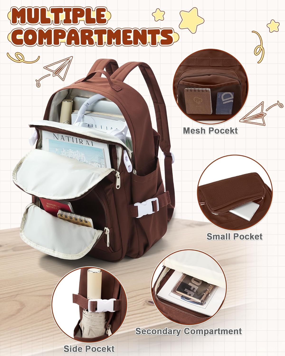 School Backpack for Teen Girls Boys Multi-pocket Middle School Bag Cute College Backpack for Women Men Elementary Student Bookbags Aesthetic Backpacks Casual Daypacks Coffee - Image 3