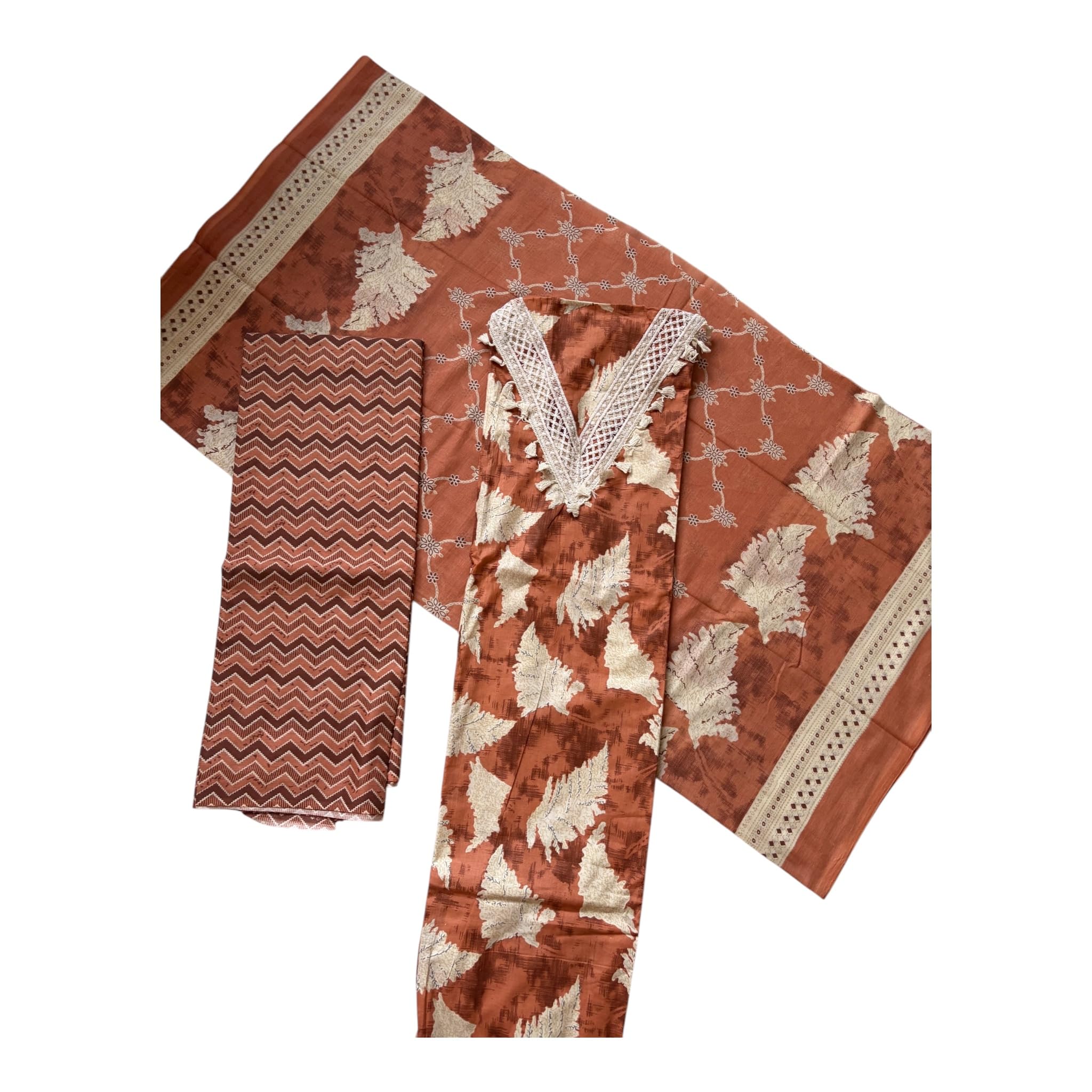 Sun Fashion Fusion.Rust Brown Floral Print Unstitched Salwar Suit Fabric Set,Rust Brown Leaf Print Unstitched Cotton Salwar Suit Set with Chevron Bottom and Dupatta (3-Piece)-image-45