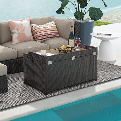 Miniatura 4 de Tangkula Banco de almacenamiento al aire libre de 45 galones, contenedor de almacenamiento de ratán marrón mezclado con forro con cremallera, tapa