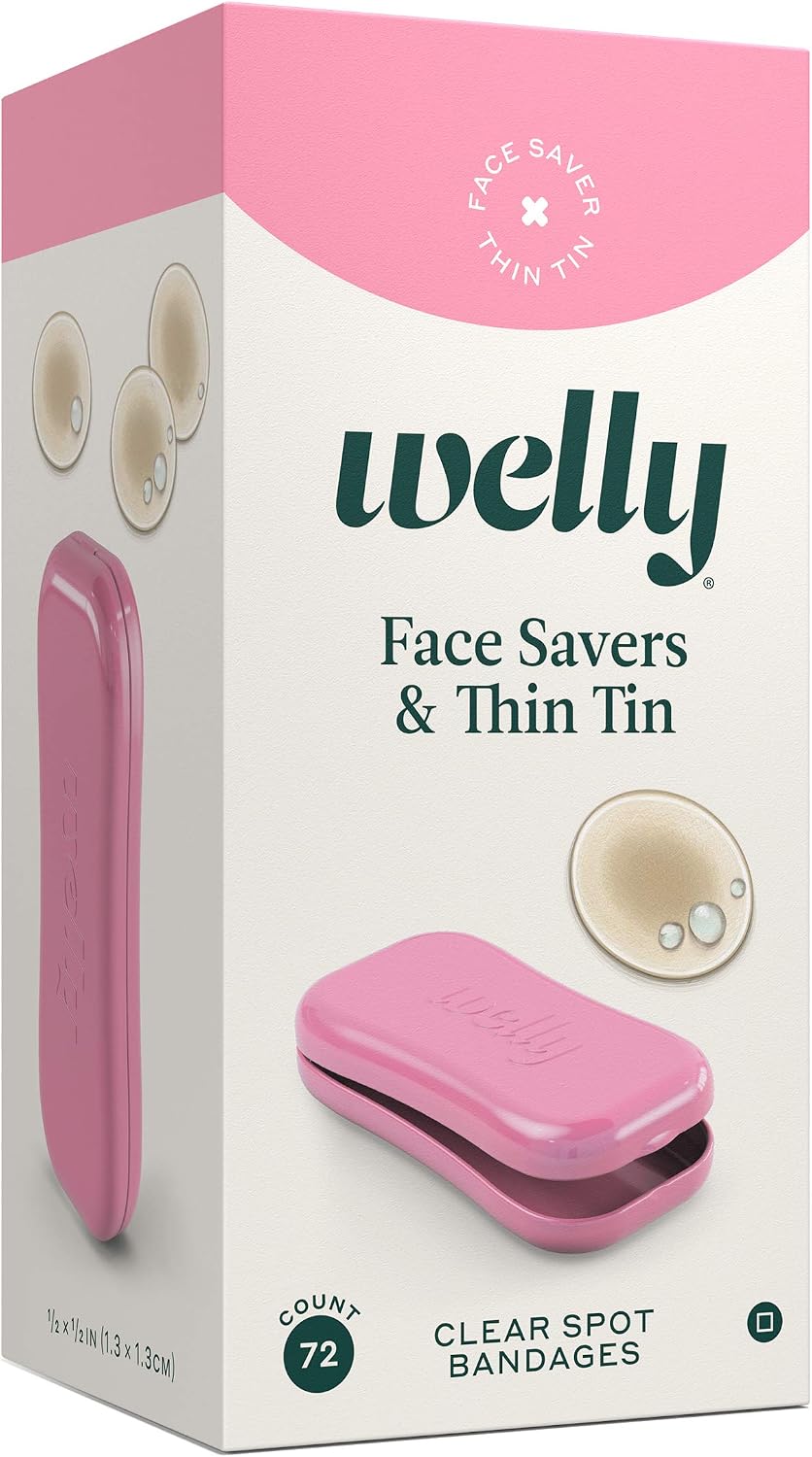 Welly Bandages - Face Saver, Hydrocolloid, Adhesive Small Spot Shape, Clear with Thin Tin Value Pack - 72ct