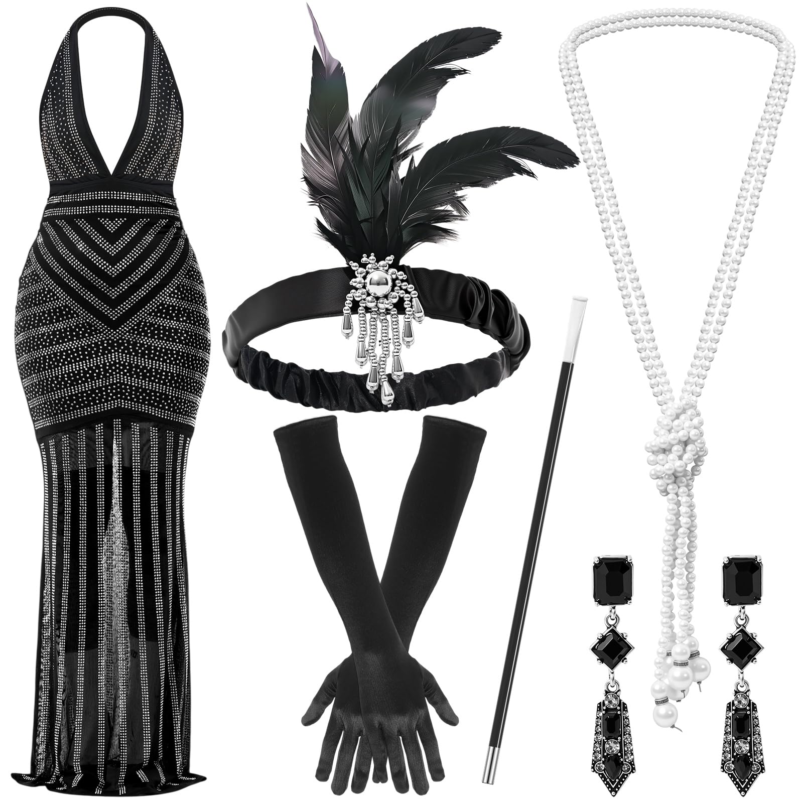 6 Pcs Rhinestone Mesh Dress Set