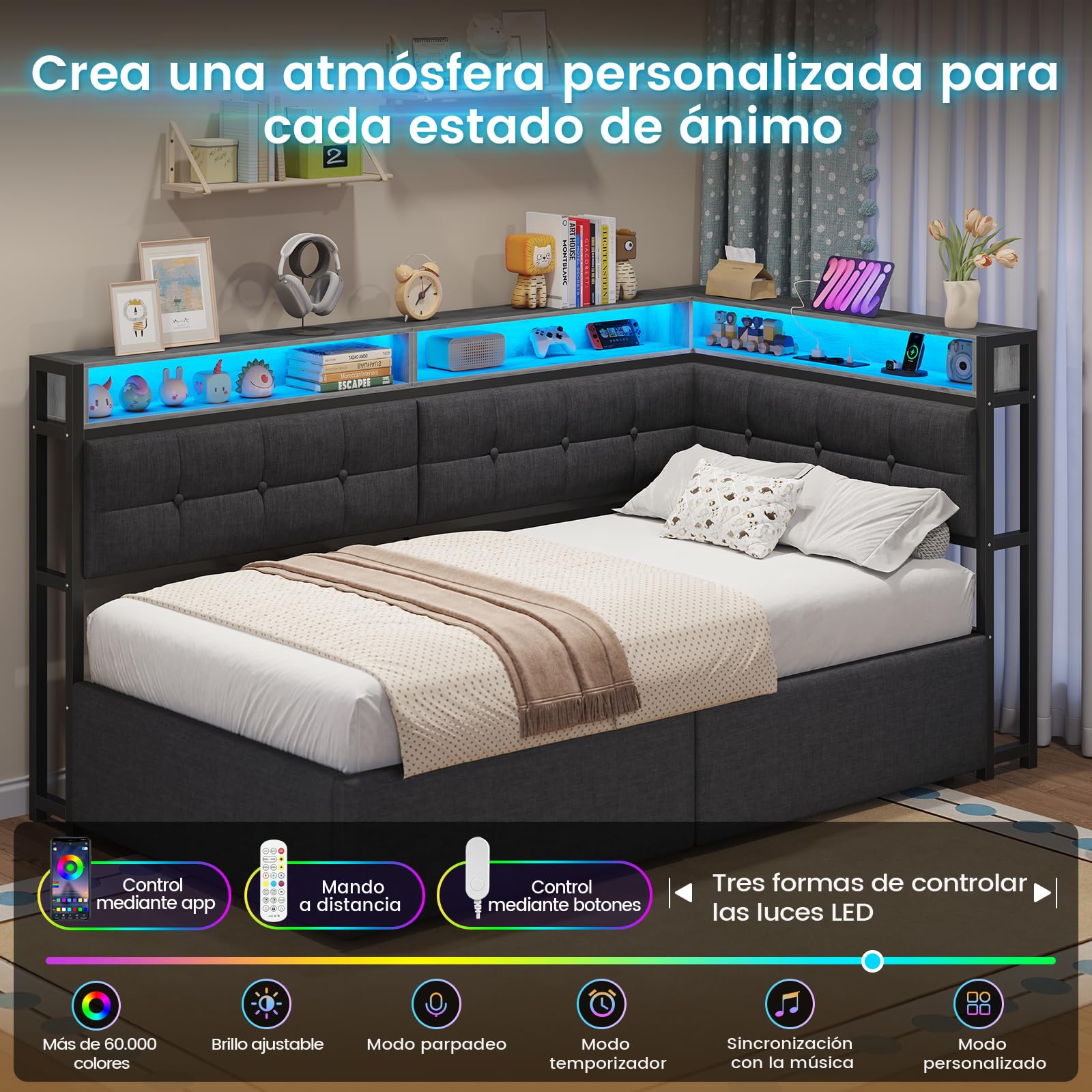 DICTAC Cama acolchada 90 x 190 cm con espacio de almacenamiento, LED y estación de carga, cama juvenil con cajón hidráulico, compartimento de almacenamiento de dos niveles, cama individual en gris