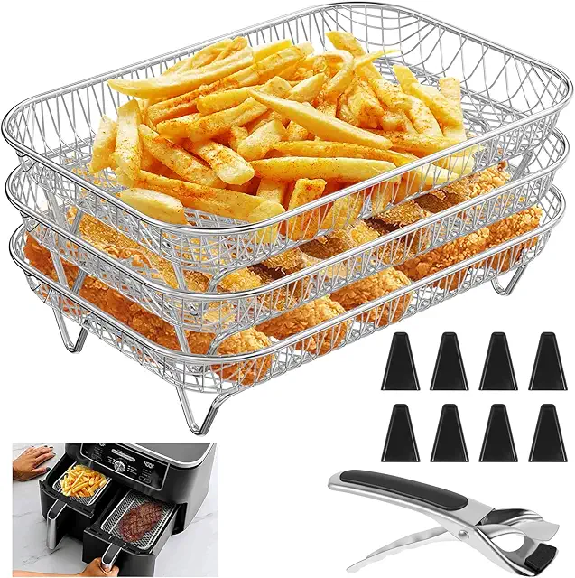 3-Layer Air Fryer Rack Set for Ninja Double Basket - Stainless Steel Dehydrator Accessories