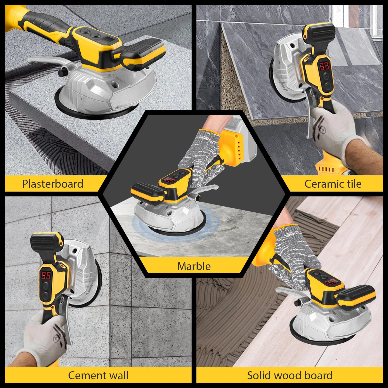 Machine de carrelage 50kg, Vibreur Carrelage Manuel Machine Compatible avec Dewalt 20V Akku, 8 Vitesses Réglable, Tile Vibrator de Carreleur Capacité d'Adsorption, Machine à Carrelage 130mm