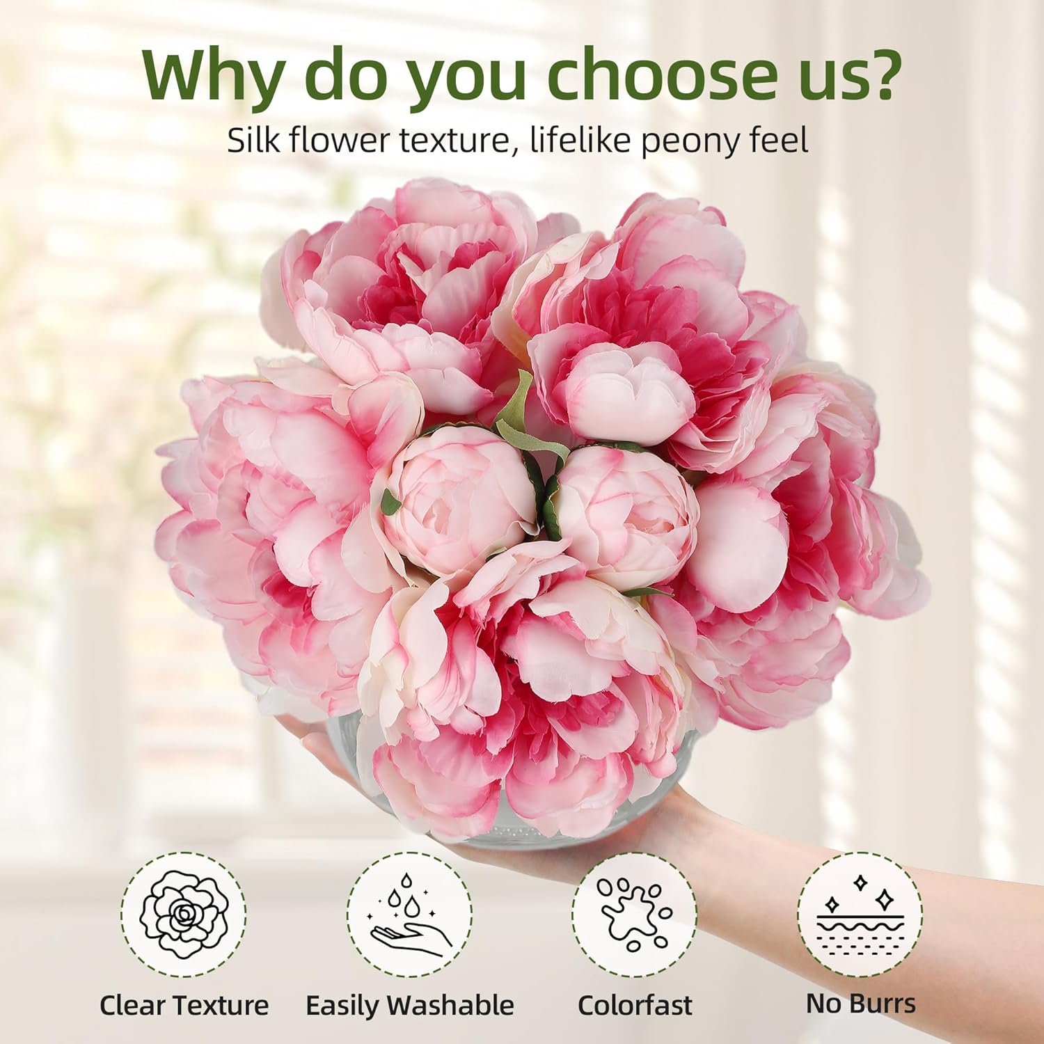7 Pcs Real Touch Artificial Peonies in Glass Vase, 6 Stems Faux Flowers with Faux Water, Silk Peony Arrangements for Wedding Centerpiece, Home Table, Party Decor (Pink) - Image 4