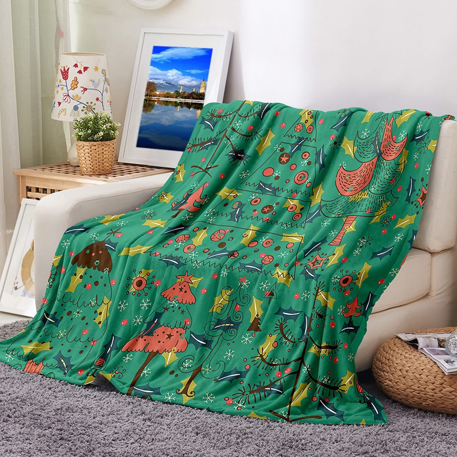 Plaid en flannel KnSam 180x200cm vert couverture Noël pour canapé et lit