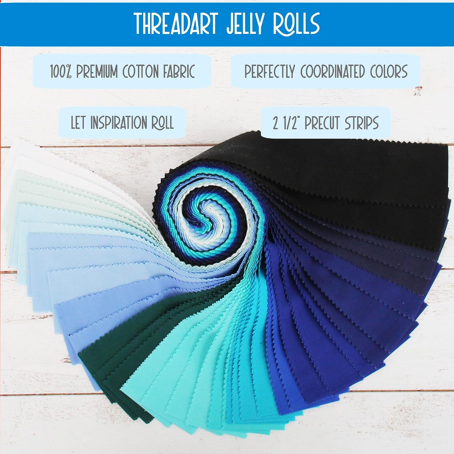 ThreadArt Jelly Roll Fabric Strips for Quilting, Crafting, and Sewing, 40 Precut Fabric Strips in Blue Shades, Premium Cotton for Quilts, Crafts, Rugs, Blankets, Clothing and More