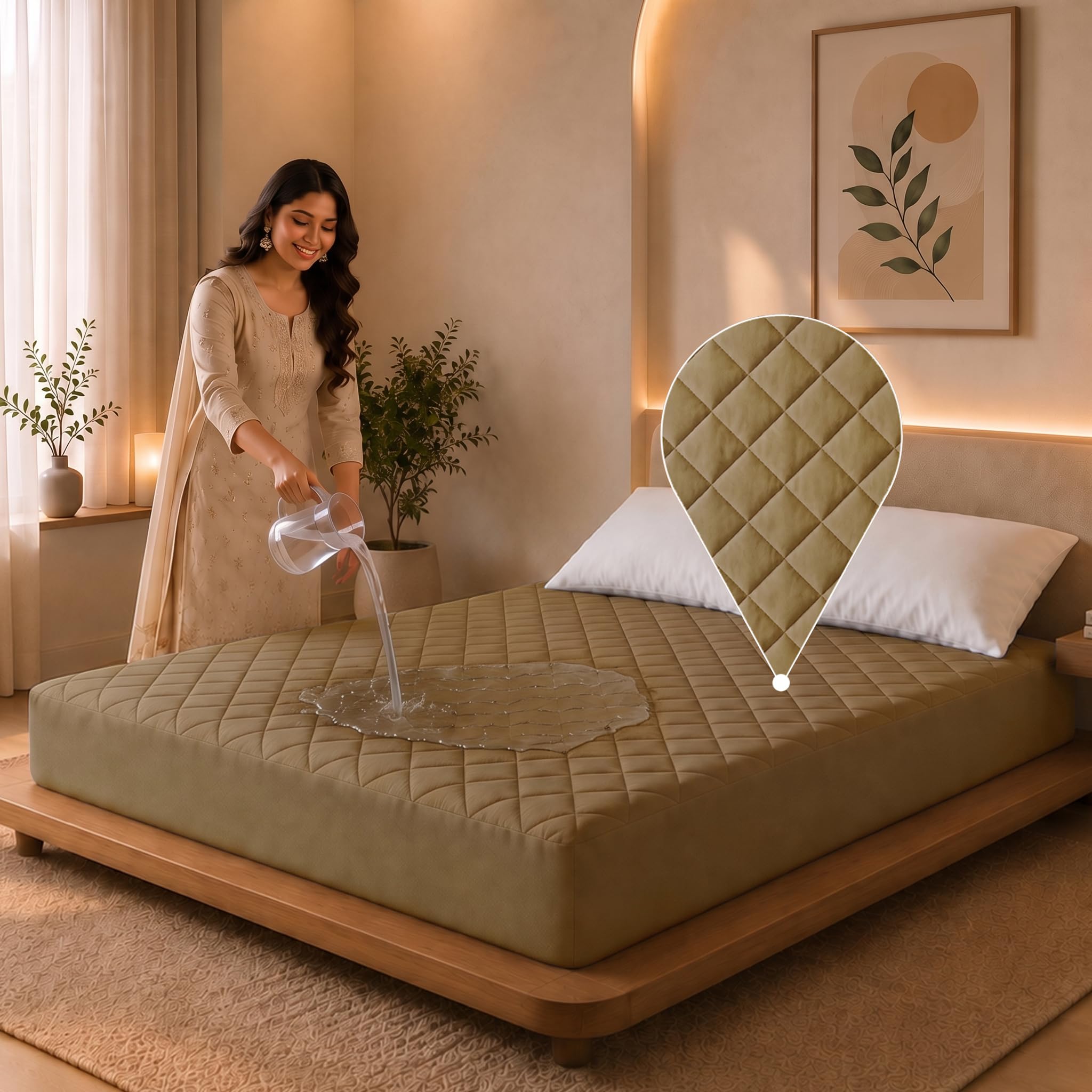 Dream Care Sapphire Quilted Pro Water Proof Mattress Protector 78x72 Inch for Double Bed King Size - Ultra Soft Mattress Cover (Beige - Pack of 1)-image-21