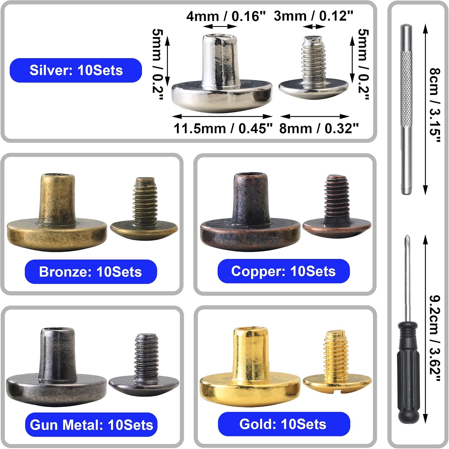 YORANYO 50Sets Chicago Screws Leather Rivets Assorted Screw Rivets Metal Studs for Clothing Chicago Binding Screws Spike and Studs for Decorate Repair Shoes Belts Bags Purse Dog Collars (Mixed in Box)
