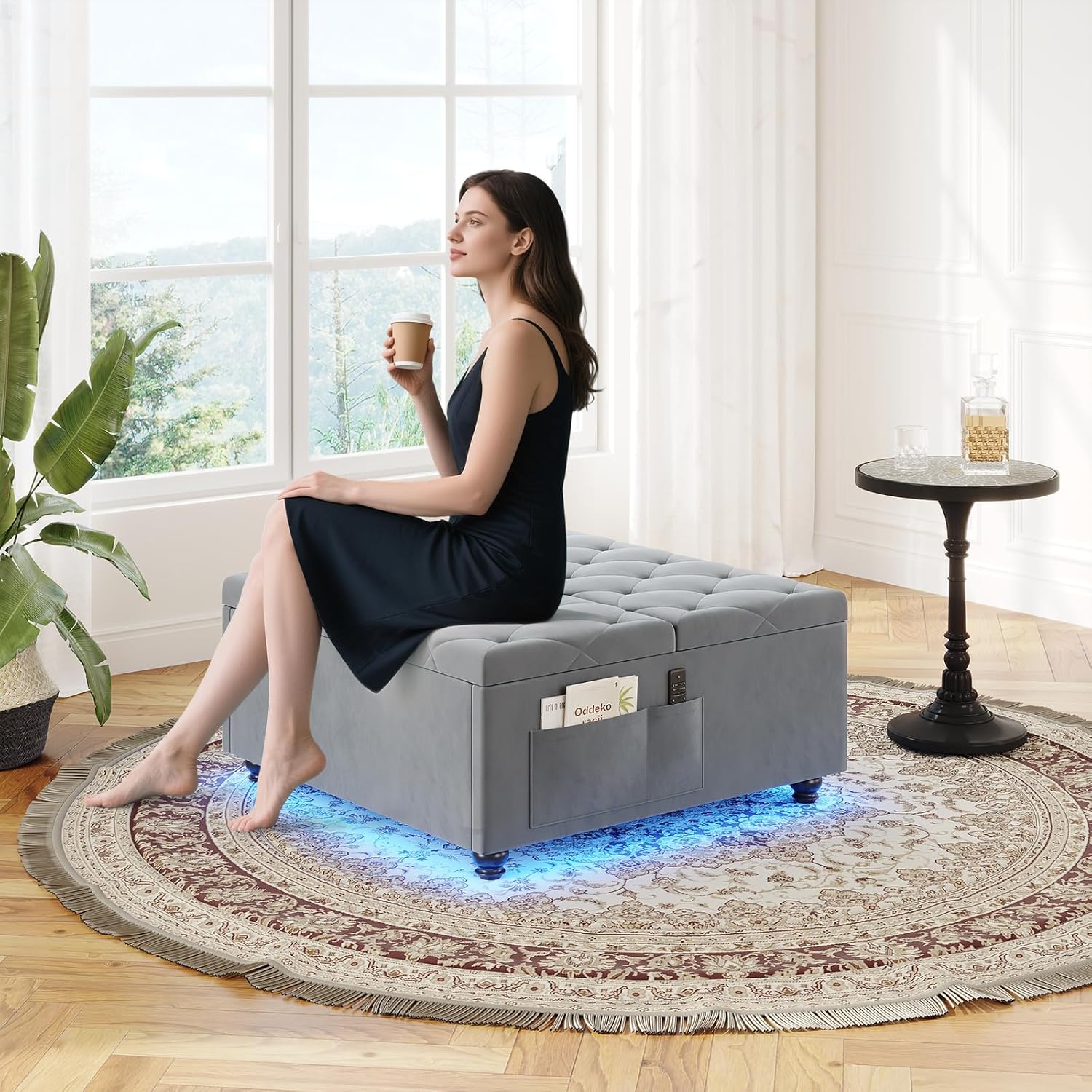 Large Square Storage Ottoman with Lift Top,Tufted Velvet Ottoman Coffee Table with Charging Station and LED Lights,Multi-Functional Footrest with Storage Pockets & Tray for Living Room,Gray