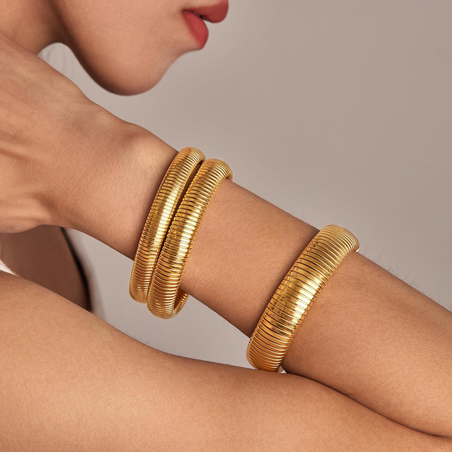 Gold Bangles Bracelets Set for Women, Chunky 14K Gold Plated Stainless Steel Stretch Bracelets, Wide Link Chain Flexible Wristband Bracelets for Women's 3 Jewelry Gifts - Image 3