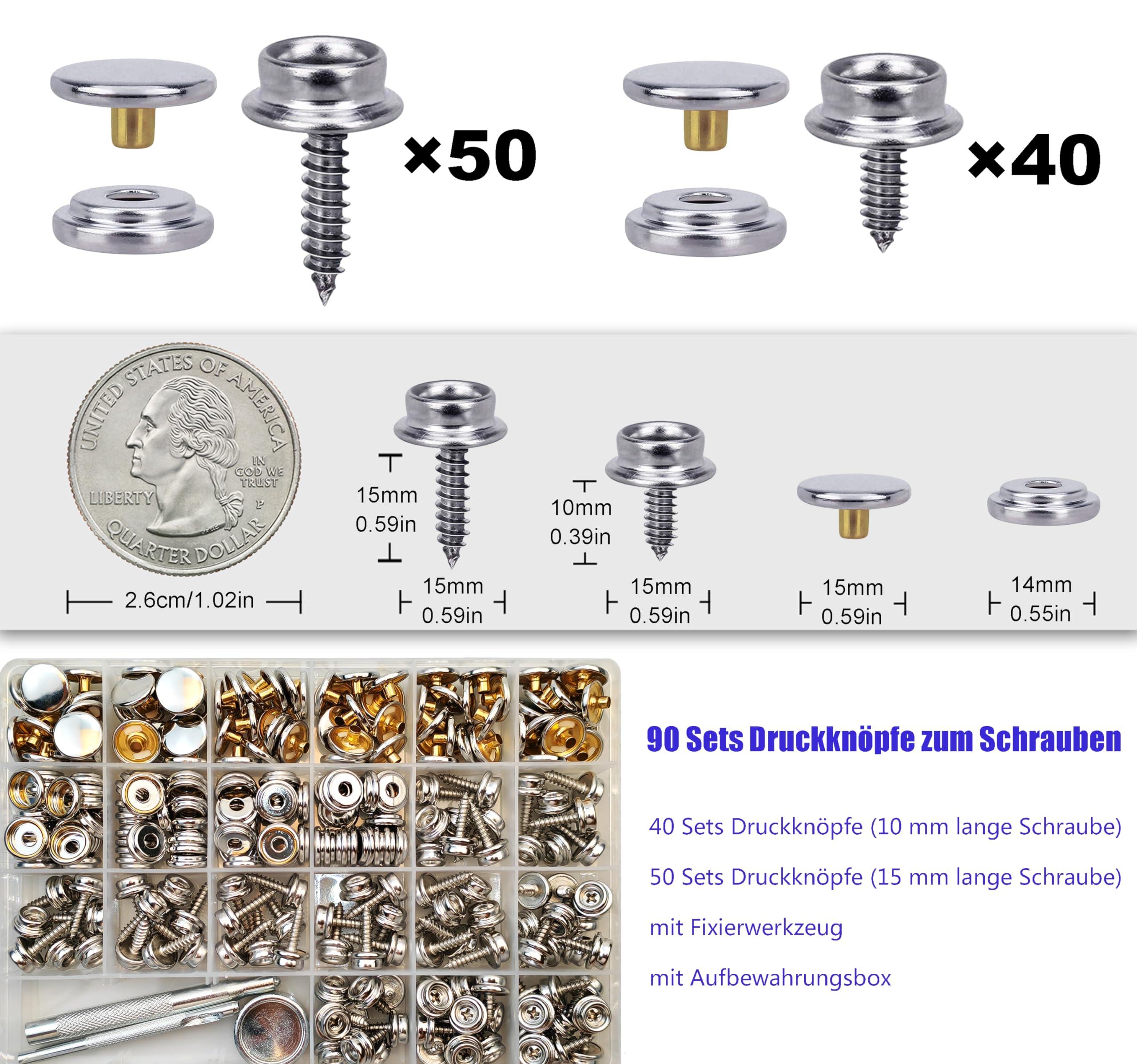 90 Set Druckknöpfe zum Schrauben, 15mm/10mm Edelstahl Druckknopf Schraubbar mit Fixierwerkzeug Kit für Planen, Schiffe, Möbel, Segeltuch, Autozelte (Silber, 15mm/10mm)