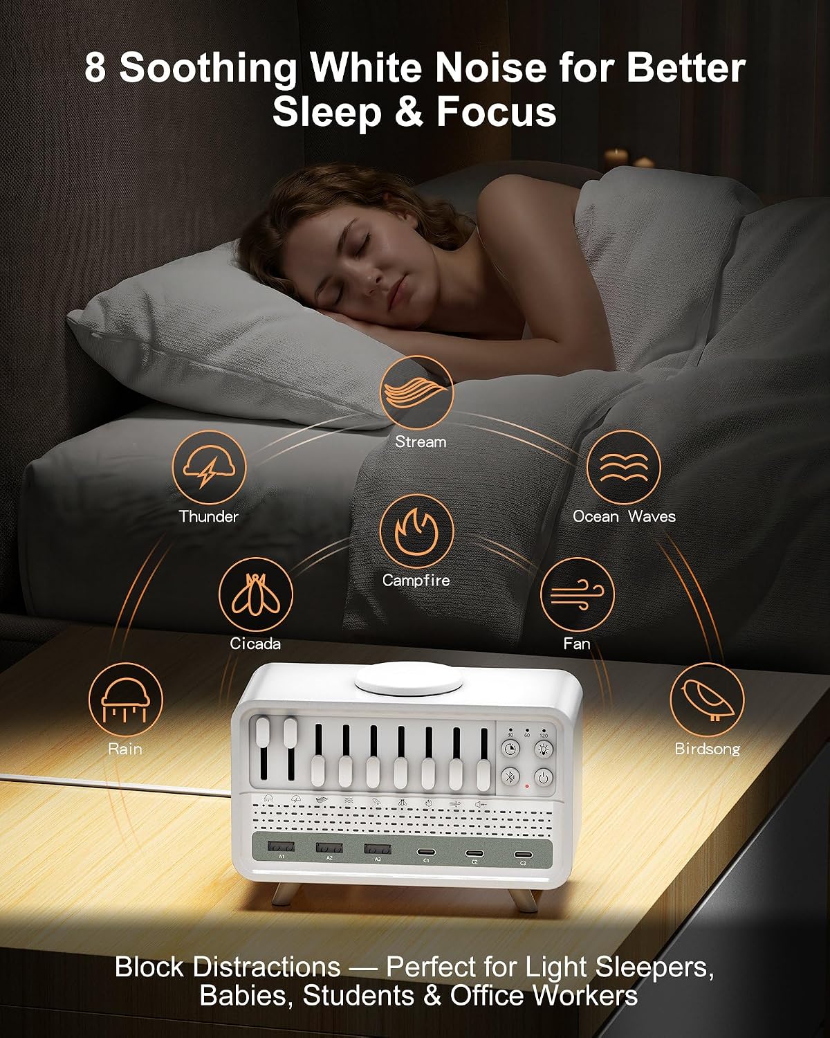 White Noise Sound Machine with PD65W USB C and 10W Wireless Charger | 8 Soothing Nature Sounds, 6 USB(3USB C) wireless audio playback, sleep timer-30/60/120-min auto-off, 2-level warm night light