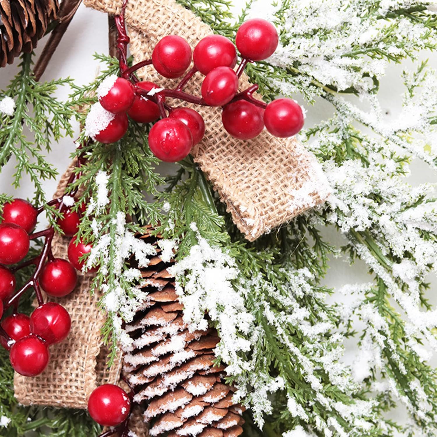 Artificial Christmas Pine Branch Swag Wreath Snowy Flocked Teardrop Door Swag Garlands with Pine Cone Red Berry Greenry Xmas Swag for Front Door Farmhouse Style Home Decor(1 Pcs)