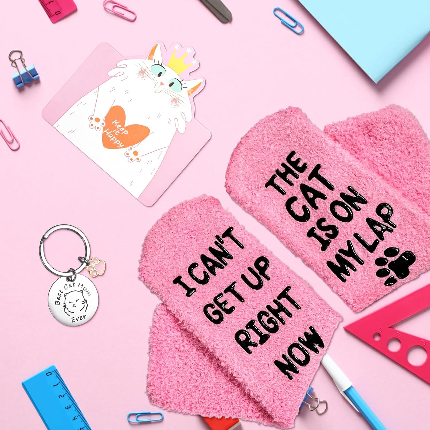 Funny Socks for Women,Friends Gifts Thanksgiving Christmas Birthday Mothers Day Cat Lovers,with Keychain Greeting Card image 3