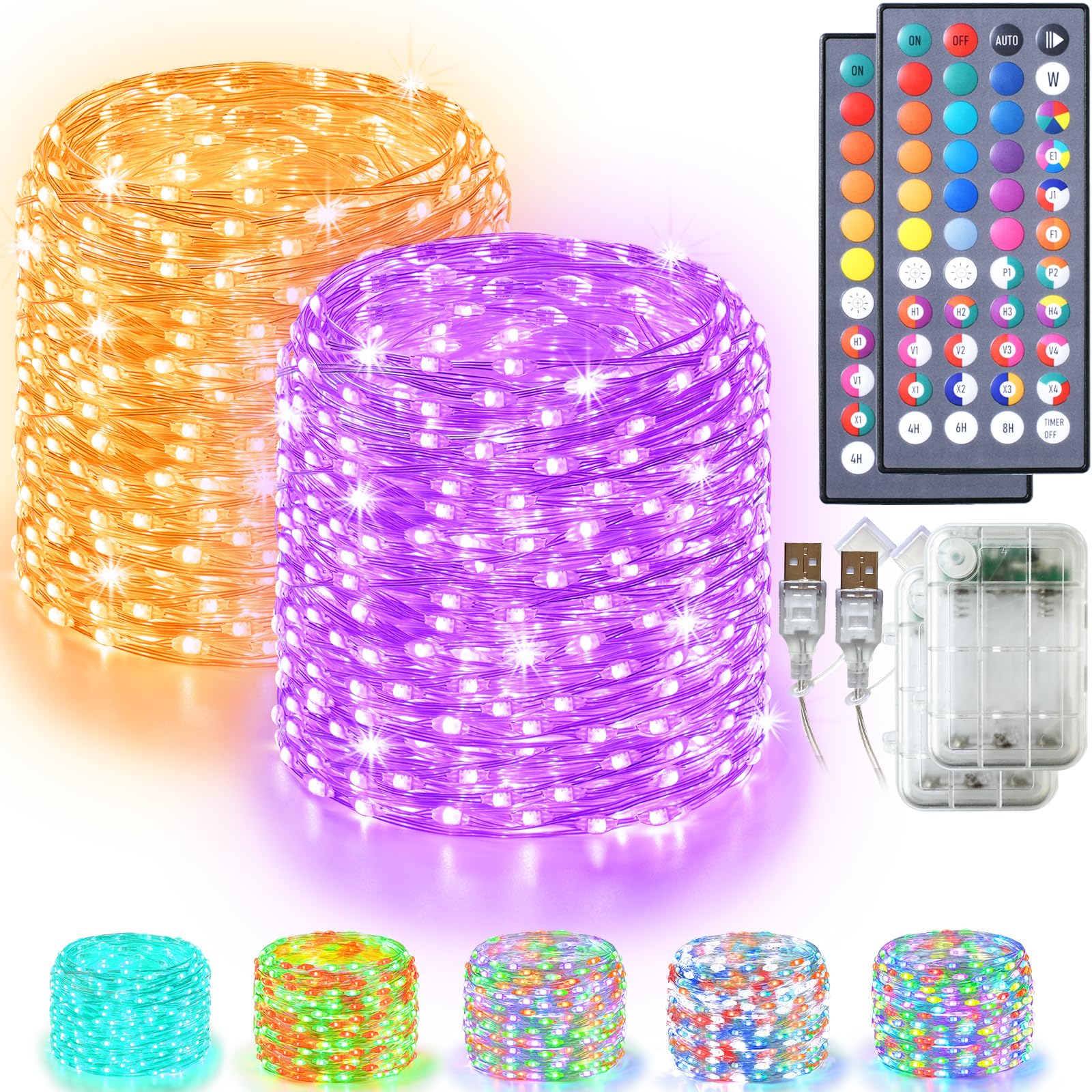 Lovelite Fairy Lights 34 Colors Changing, 2 Pack Total 66FT 200LED Christmas String Lights Battery Operated USB Plug in, Waterproof Twinkle Lights with Remote for Indoor Outdoor Xmas Wedding Party — image 1