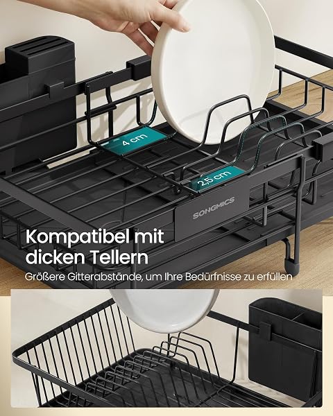 SONGMICS Abtropfgestell Geschirr, für kleine Räume, Geschirr-Abtropfständer ausziehbar, 360° drehbarer und ausziehbarer Ablauf, Stahl, (30,2-46,5) x 29,6 x 14 cm, tintenschwarz KCS556BH01 - 5