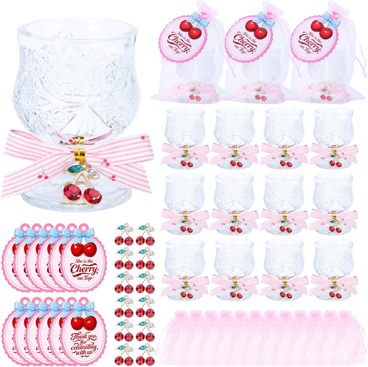 Cherry Party Favors with Shot Glasses with Thank You Cards Organza Bags Cherry Decorations for Bridal Shower Baby Shower
