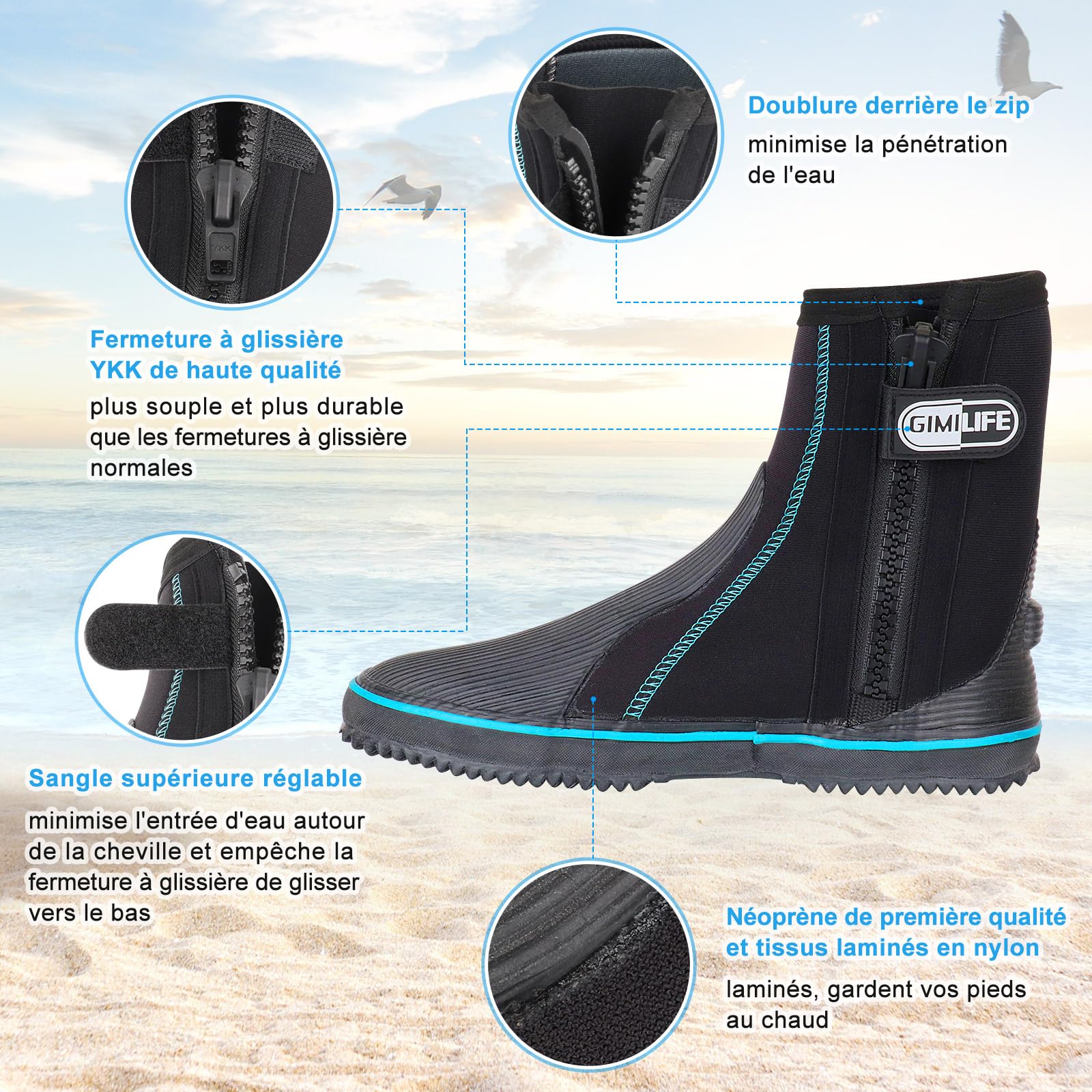 Gimilife Bottes de Plongée 5 mm Neopréne, Chaussures de Plongée Hommes Femmes, pour Plongée Tuba Surf Plage Volley-Ball
