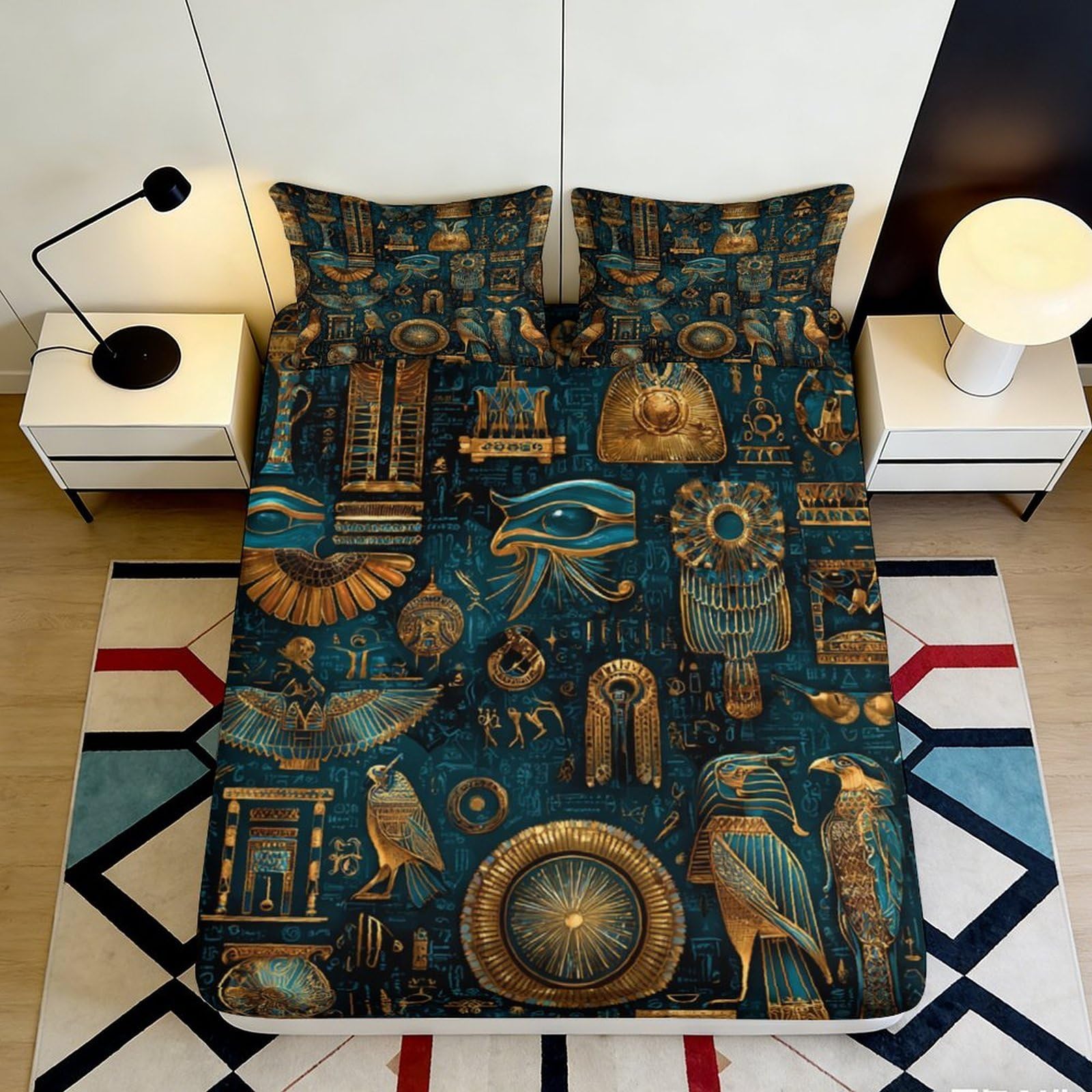 Artistic 3D Printed Egyptian Symbols Fitted Sheet, Soft Microfiber Bed Cover, Apartment Bedding, Easy Care, Bedroom Decor 180x200x25cm