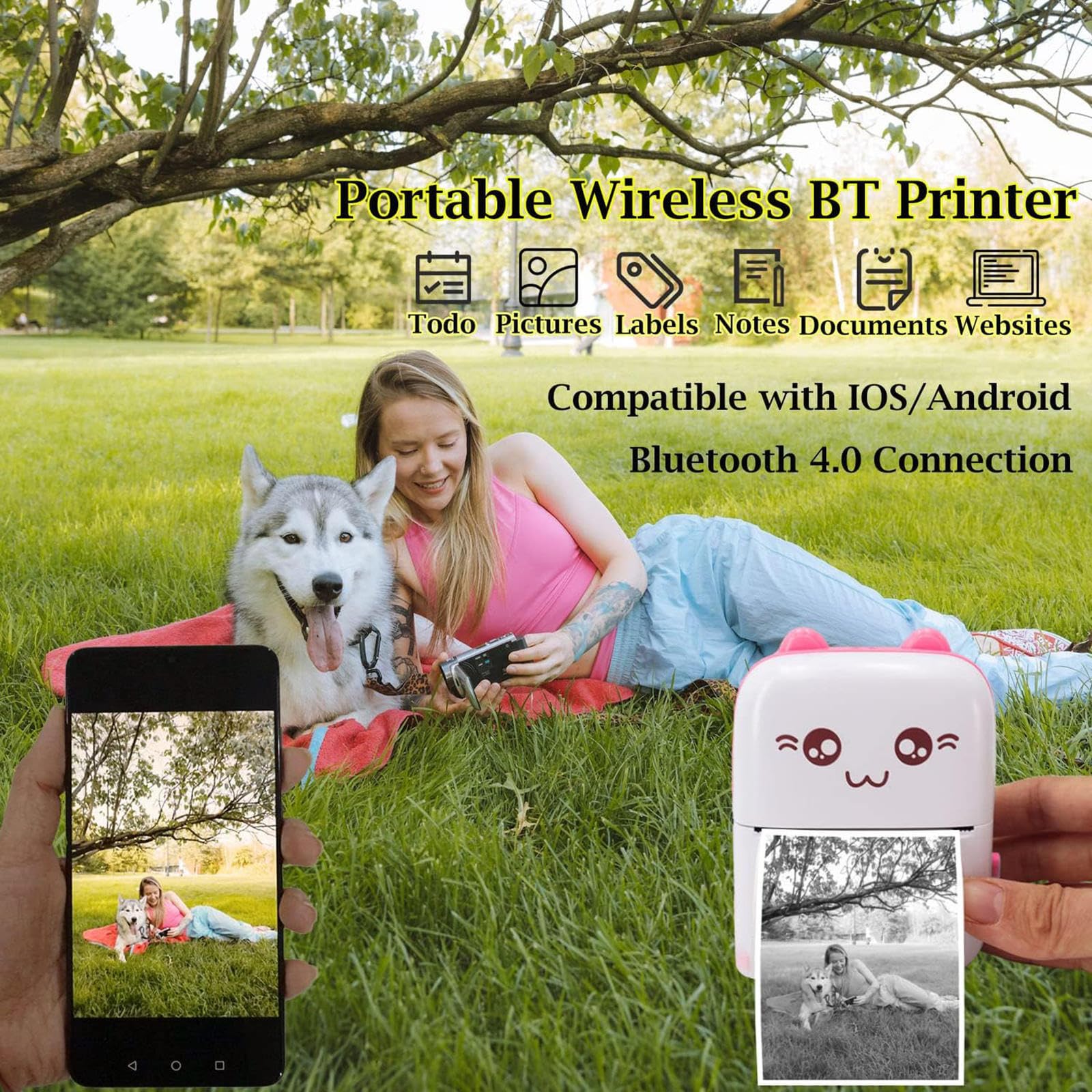 Miniaturowa drukarka kieszonkowa, przenośna drukarka termiczna, bezprzewodowa drukarka Bluetooth Tiny z 8 rolkami papieru do drukowania zdjęć, naklejek, etykiet, notatek i paragonó