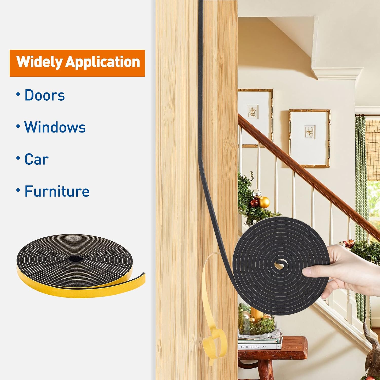 MAGZO Door Weather Stripping 1/2 Inch W X 1/8 Inch T, Adhesive Window Foam Seal Strip 50 Feet (16.5ft x 3 Rolls), Black