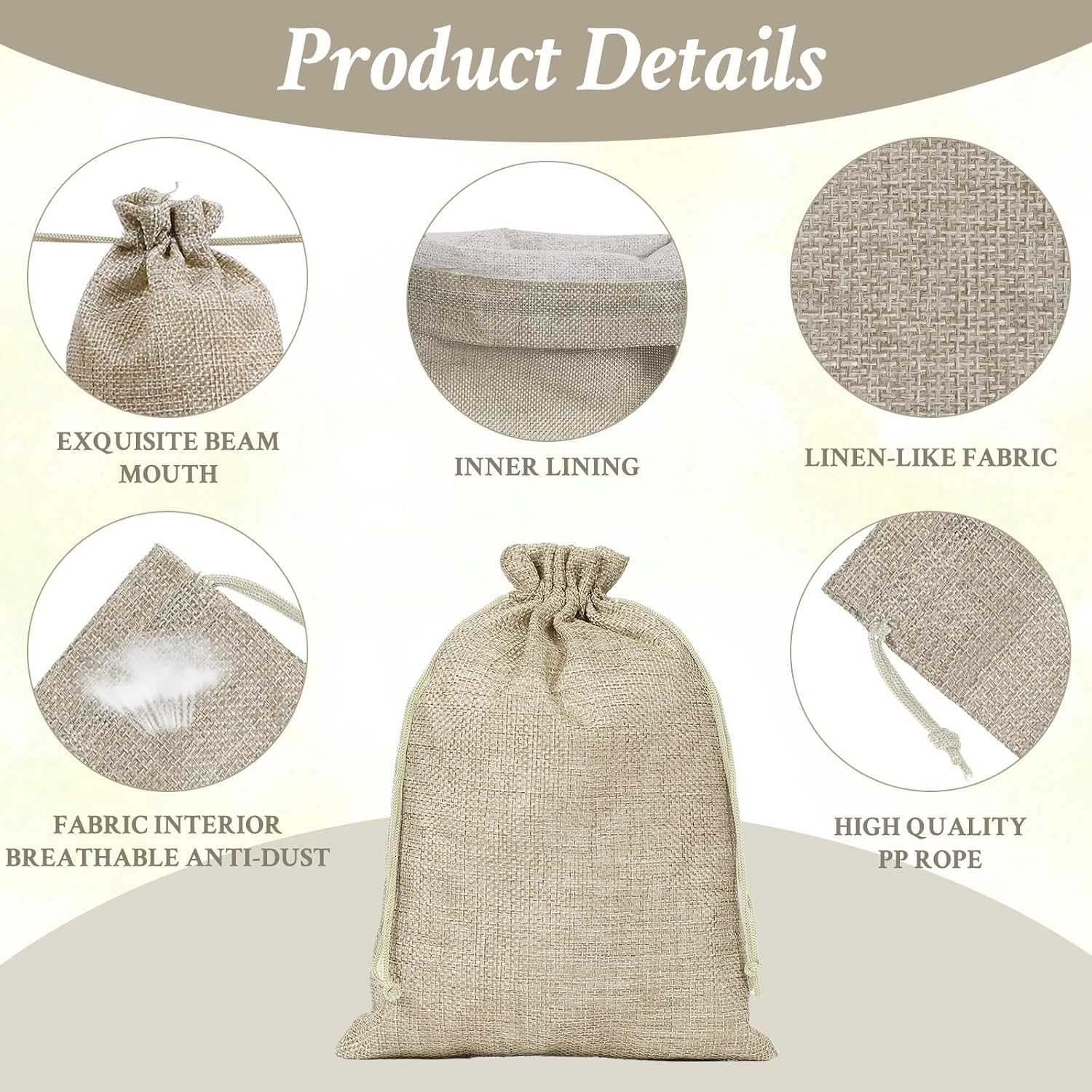 Lucky Monet 50Pcs Burlap Gift Bags With 50pcs Tags, Drawstring Small Jewelry Bags, 6.7" x 9" Favor Sack for Wedding, Party, Bracelet, Craft and DIY (Cream)