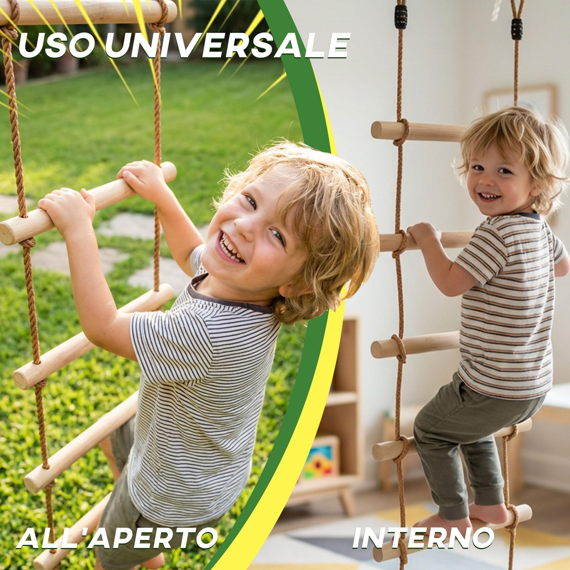AIYAPLAY Scala di Corda 1.8m, Accessori per Altalene, Corda per Parco Giochi Esterno, Arrampicata a 5 Pioli per Bambini con 2 Moschettoni e 2 Cinghie per Alberi