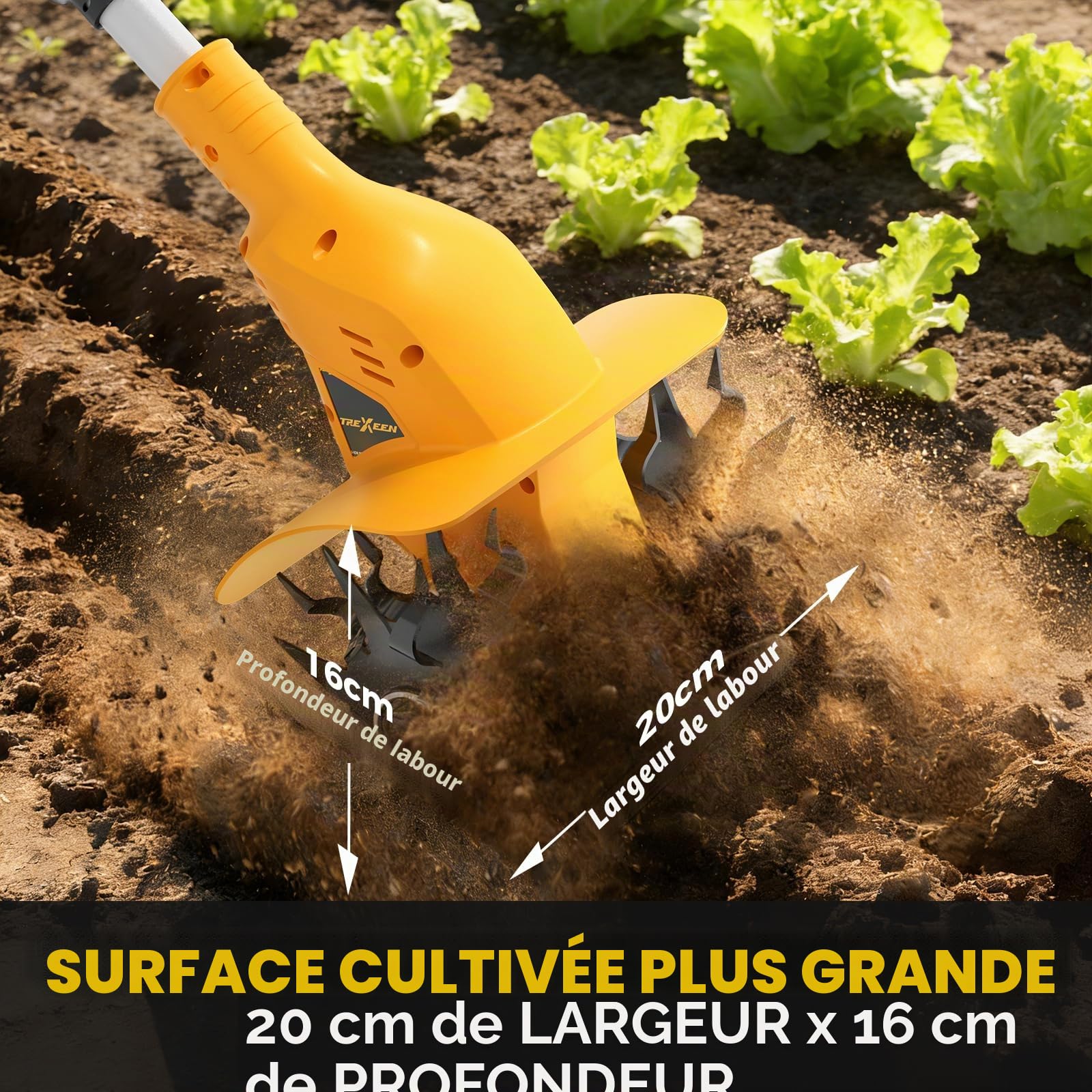 Motobineuse Électrique sans Fil, TREXEEN Bineuse Électrique sans Fil Puissant avec 2 x 3,0 Ah Batteries, 360 TR/Min, Largeur de Travail 20 cm, Profondeur 16 cm, pour Pelouse Jardin Travaux du Sol