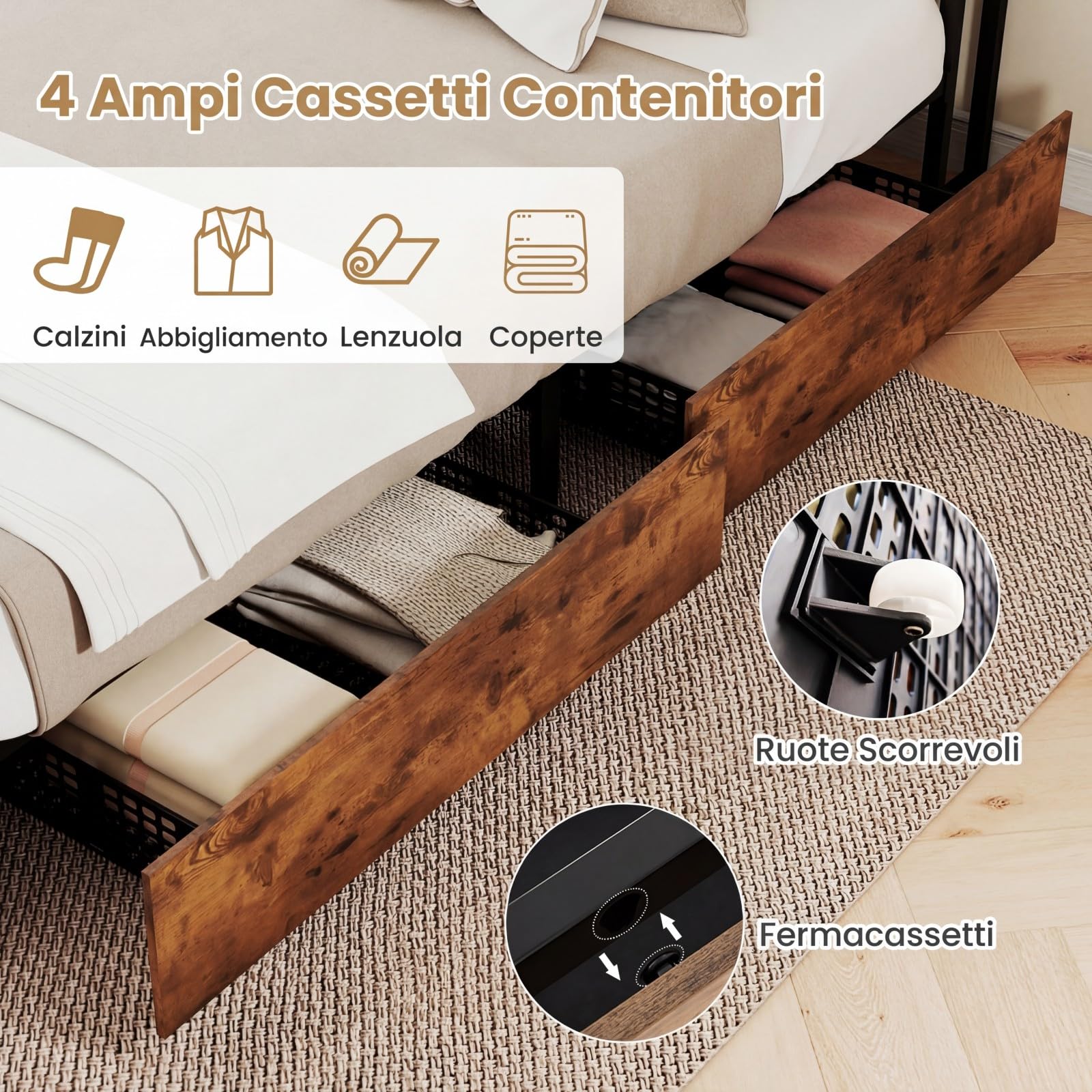 COSTWAY Struttura Letto con Testiera, Letto con 4 Cassetti e Doghe Robuste in Metallo, Letto a Piattaforma con Prese, Silenzioso, Carico Massimo 300kg (160 x 200 cm)