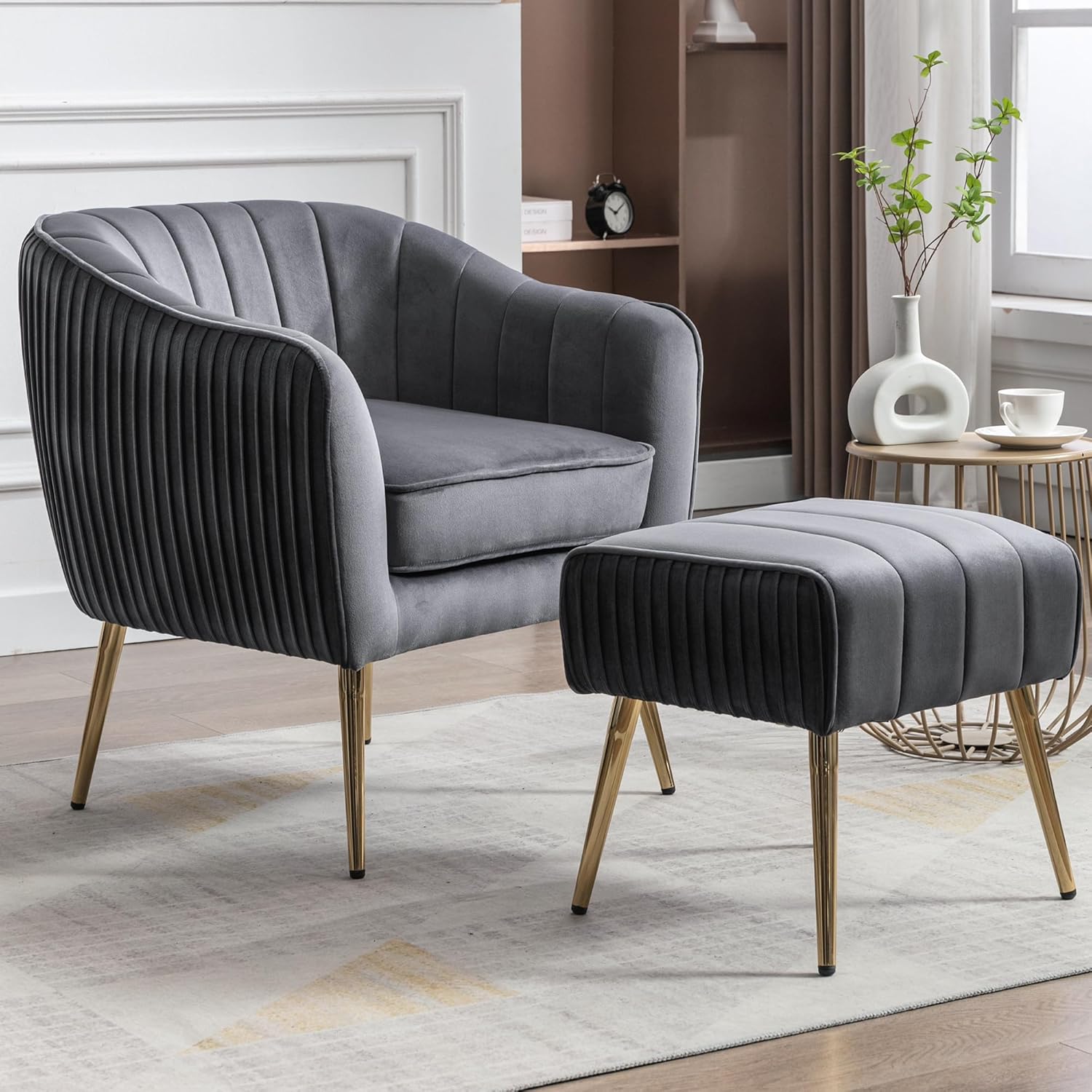 Westice Velvet Accent Chair with Ottoman Modern Reading Chair with Footrest for Bedroom Room Living Room Apartment Office Gray