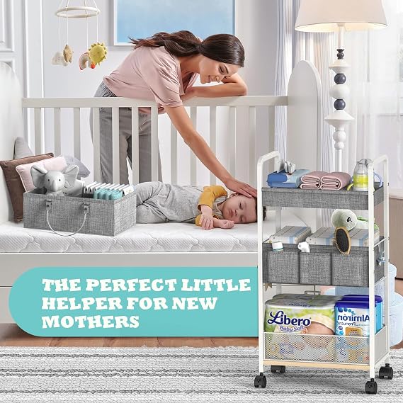 LIDTOP 2In1 Baby Diaper Caddy & 3-Tier Rolling Diaper Cart, Organizer with Dividers, Metal Detachable Bedside Cart for Baby Nursery Essentials, Large Capacity, Easy to Assemble, White