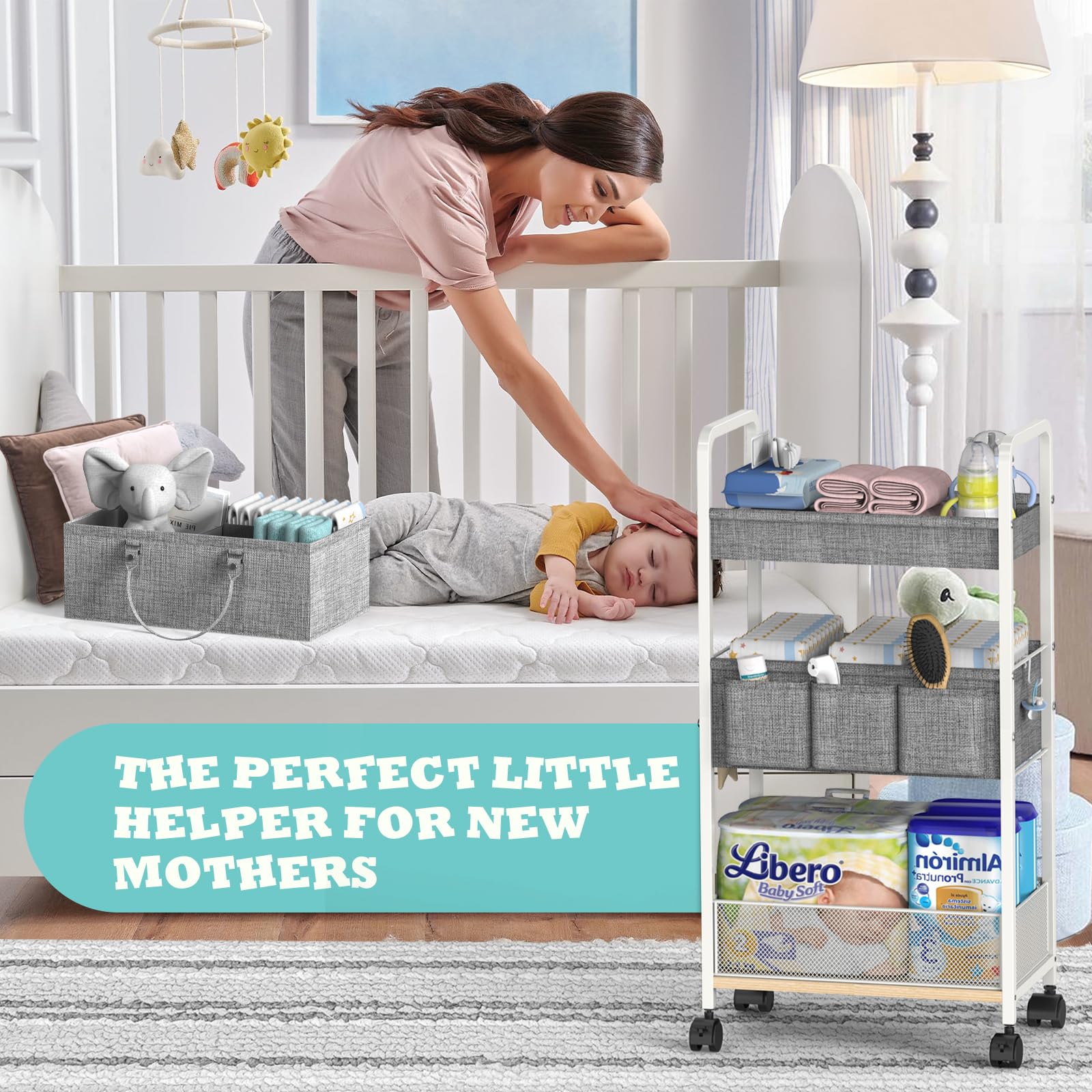 LIDTOP Carrito de pañales 2 en 1 para bebé y carrito de pañales con ruedas de 3 niveles, organizador con divisores, carrito de noche desmontable de metal para artículos esenciales del cuarto del bebé