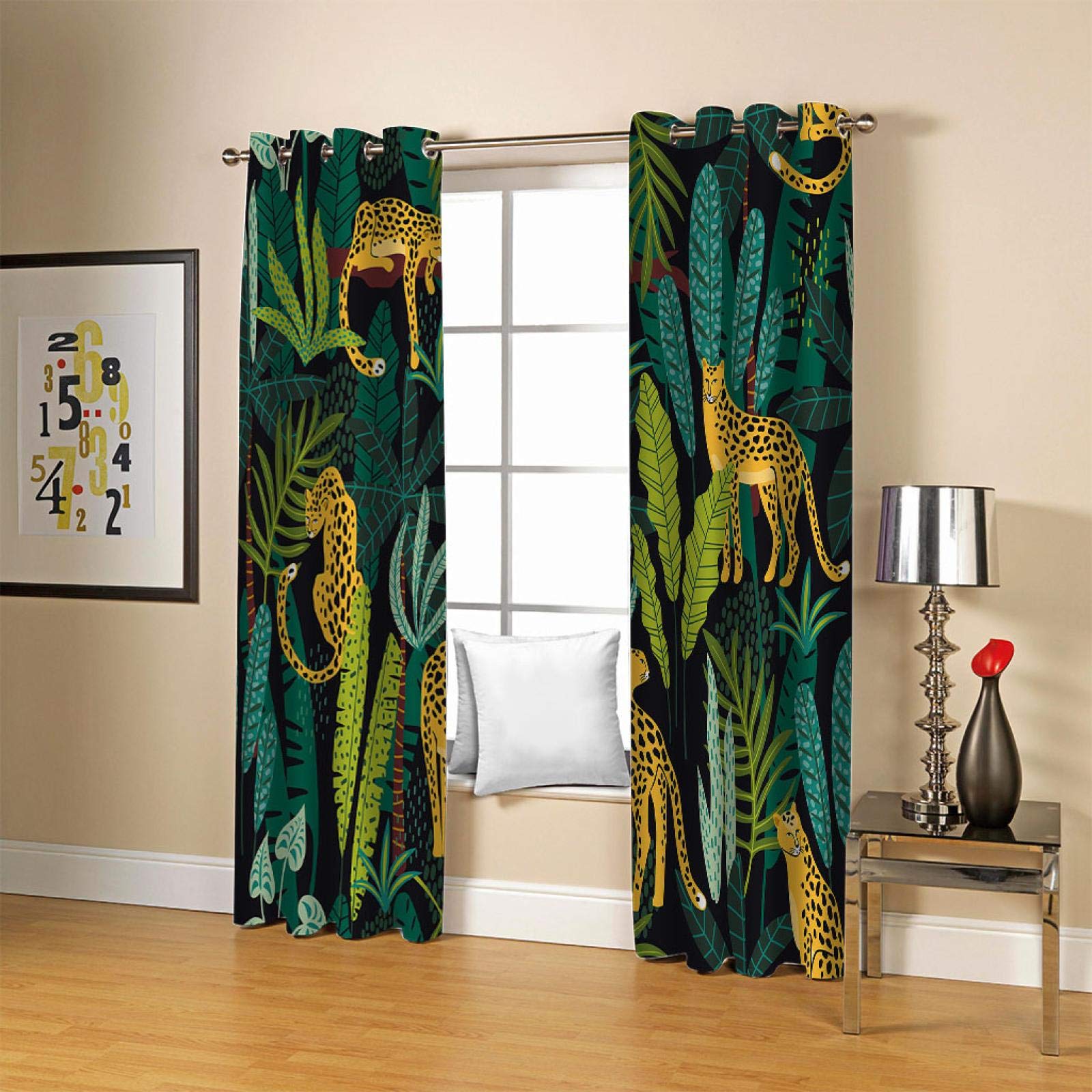 Rideau Occultant Isolant Thermique À Oeillets 2 Pièces 117x230cm, Motif Guépard Jungle Tropicale