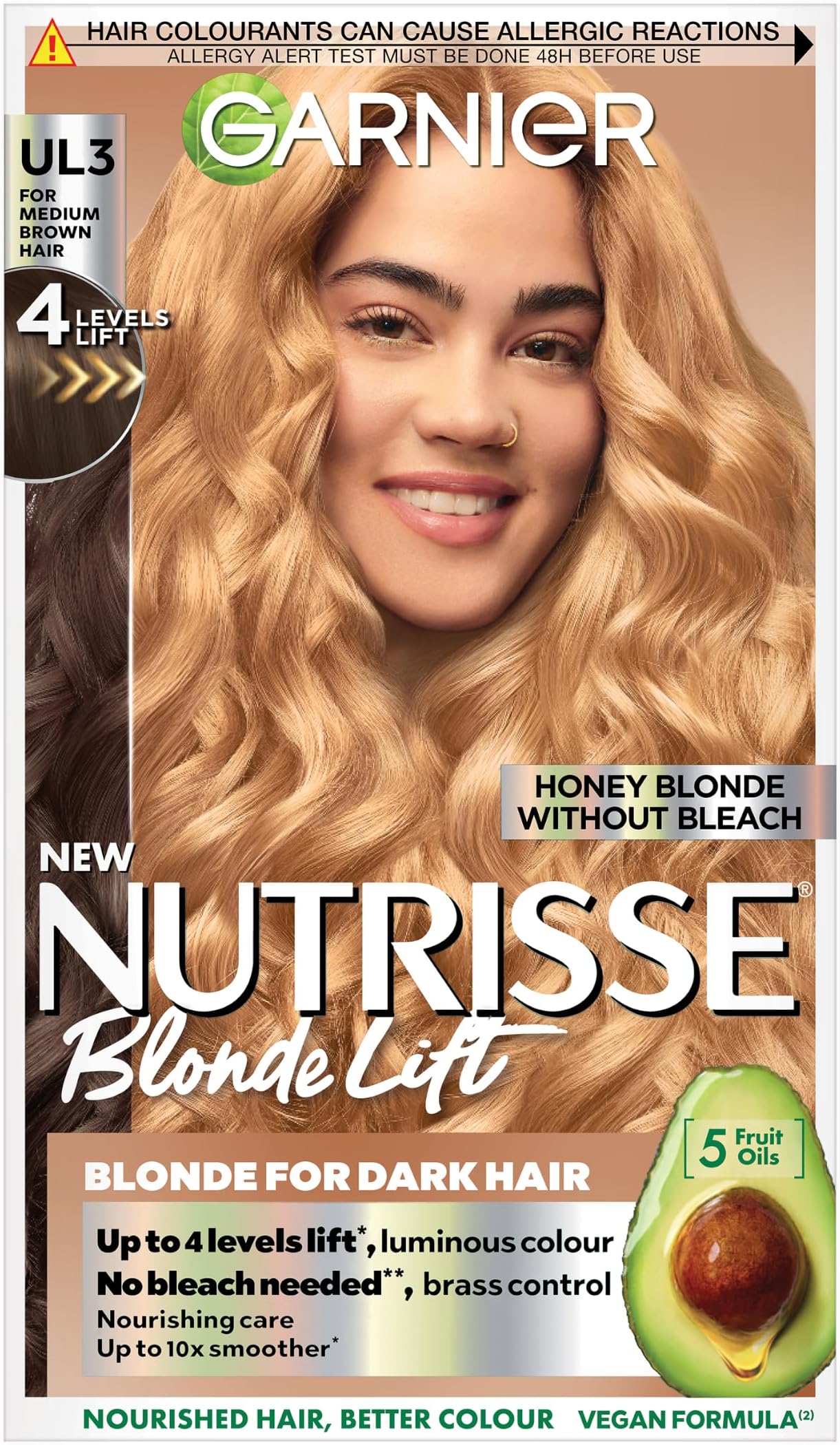 Garnier Nutrisse Blonde Lift Hair Dye, Vegan, UL3 Honey Blonde Lift. For 100% grey coverage and 4 levels of lift. No-ammonia, vegan for warm, sun-kissed honey blonde tones and radiant results.