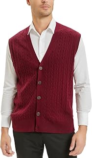 Men's Wool Blend Gilets Sweater Relax Fit V Neck Cable Knit Sleeveless Knitted Button Cardigan