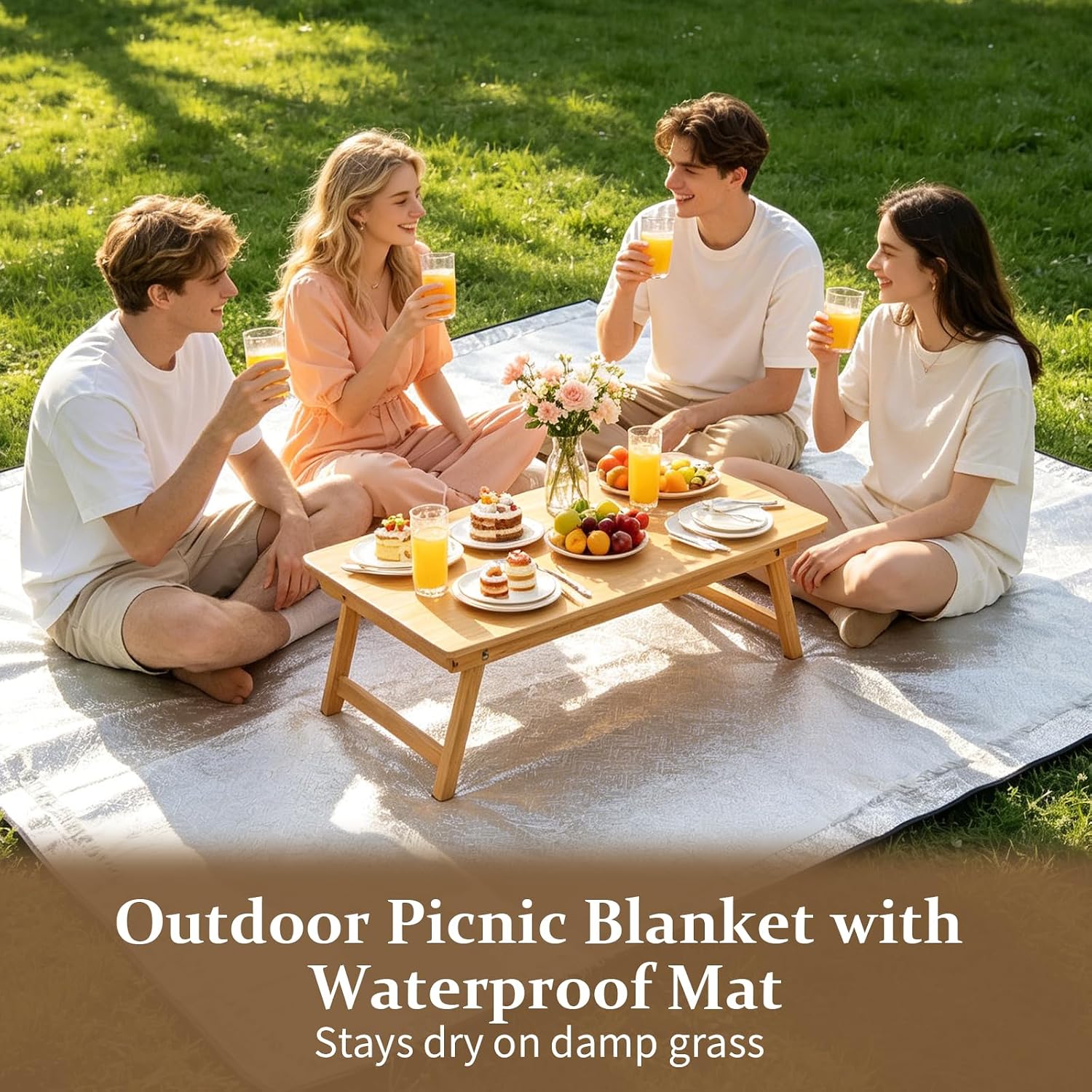 91x71 In Extra Large Outdoor Picnic Blanket with Waterproof Mat, Woven Cotton Yarn Beach Blanket Oversized with Fringe, Machine Washable Portable for Picnic Camping Beach Park, Fits 4-8 Adults (White)