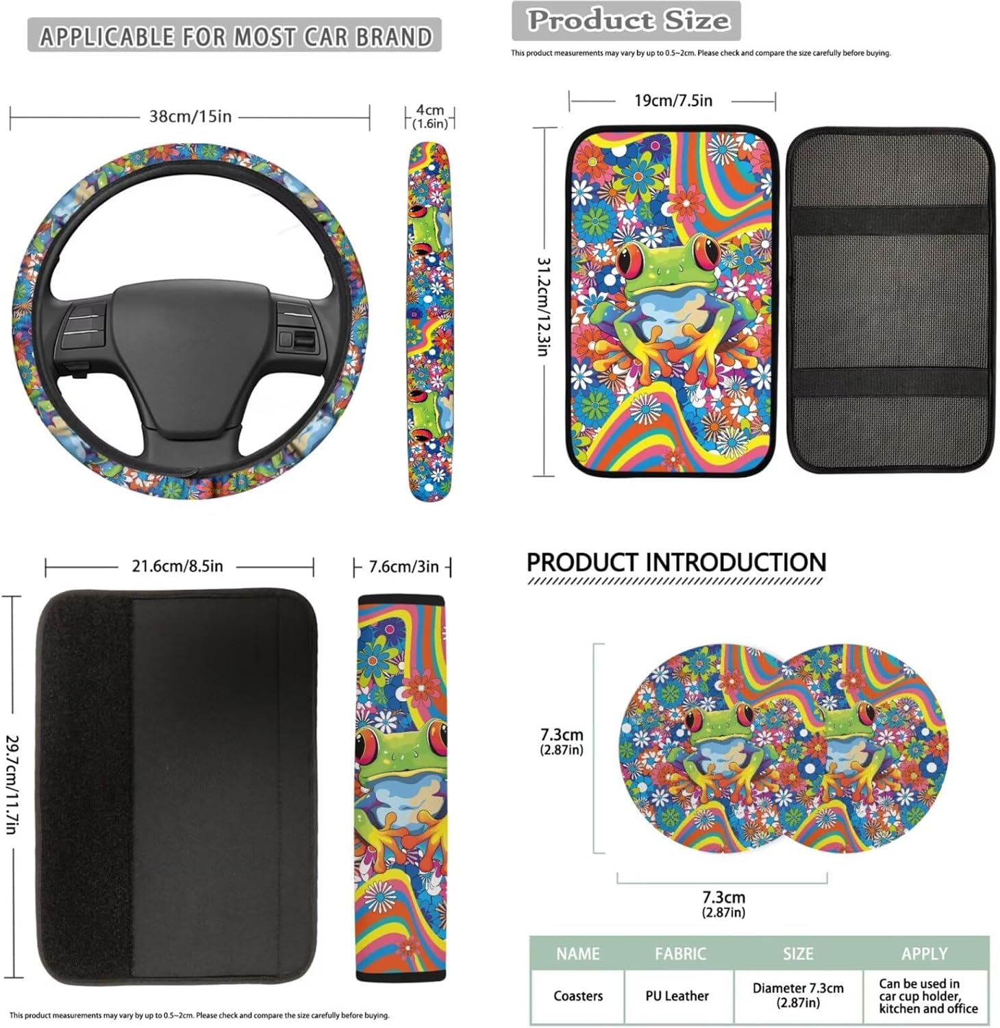 Cute Frog Car Seat Covers Full Set 14 Pack Steering Wheel Cover Center Console Cover Head Rest Protector Car Seat Belt Cover Universal Fit for Auto Truck Van SUV