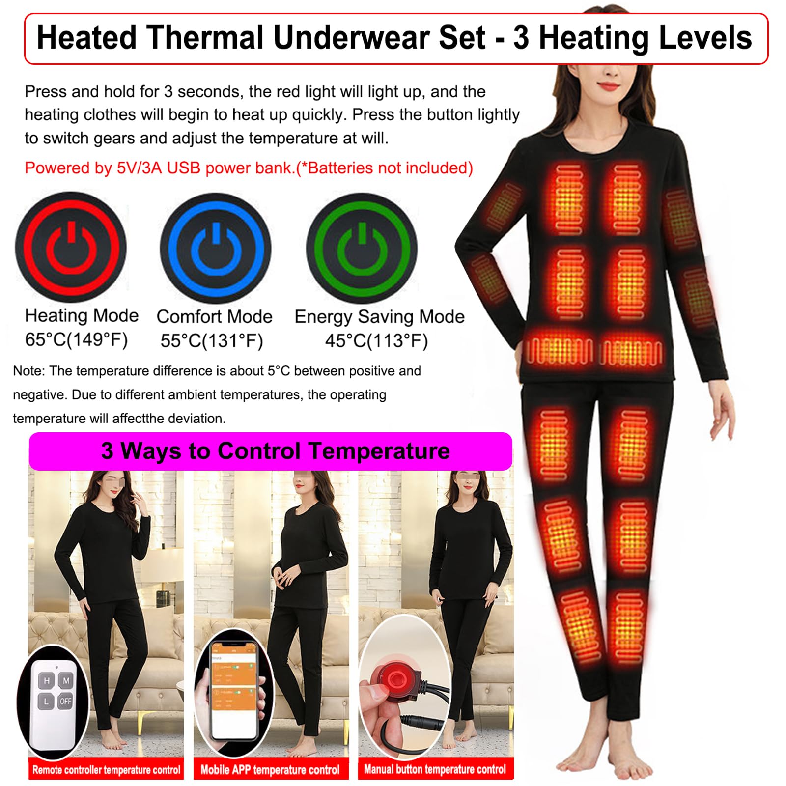 Conjunto De Ropa Interior Térmica Calefactables para Mujer, Ropa Térmica Pantalones Y Camisa - 24 Zonas De Calefacción, Conjunto De Ropa Interior TéRmica De Invierno para Esquí Pesca Senderismo