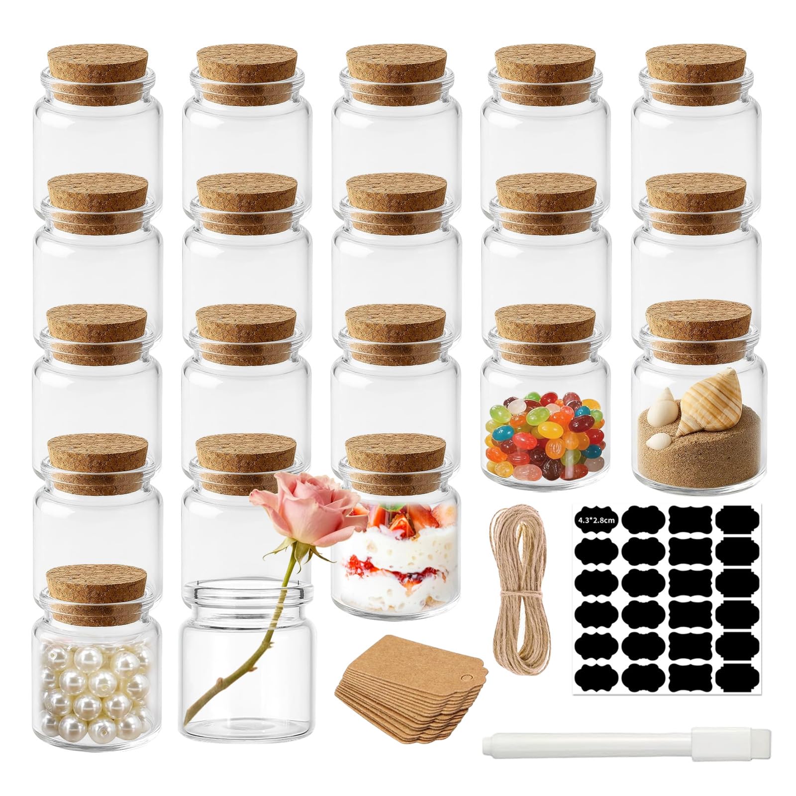 20 Pezzi Mini Bottiglie Vetro con Tappo in Sughero 50 ml Mini Barattolini Vetro Piccoli,Barattolo Porta di Spezie,Vasetti Vetro Piccoli per Decorazioni, Feste, Spezie da Cucina, Regalo per Ospiti